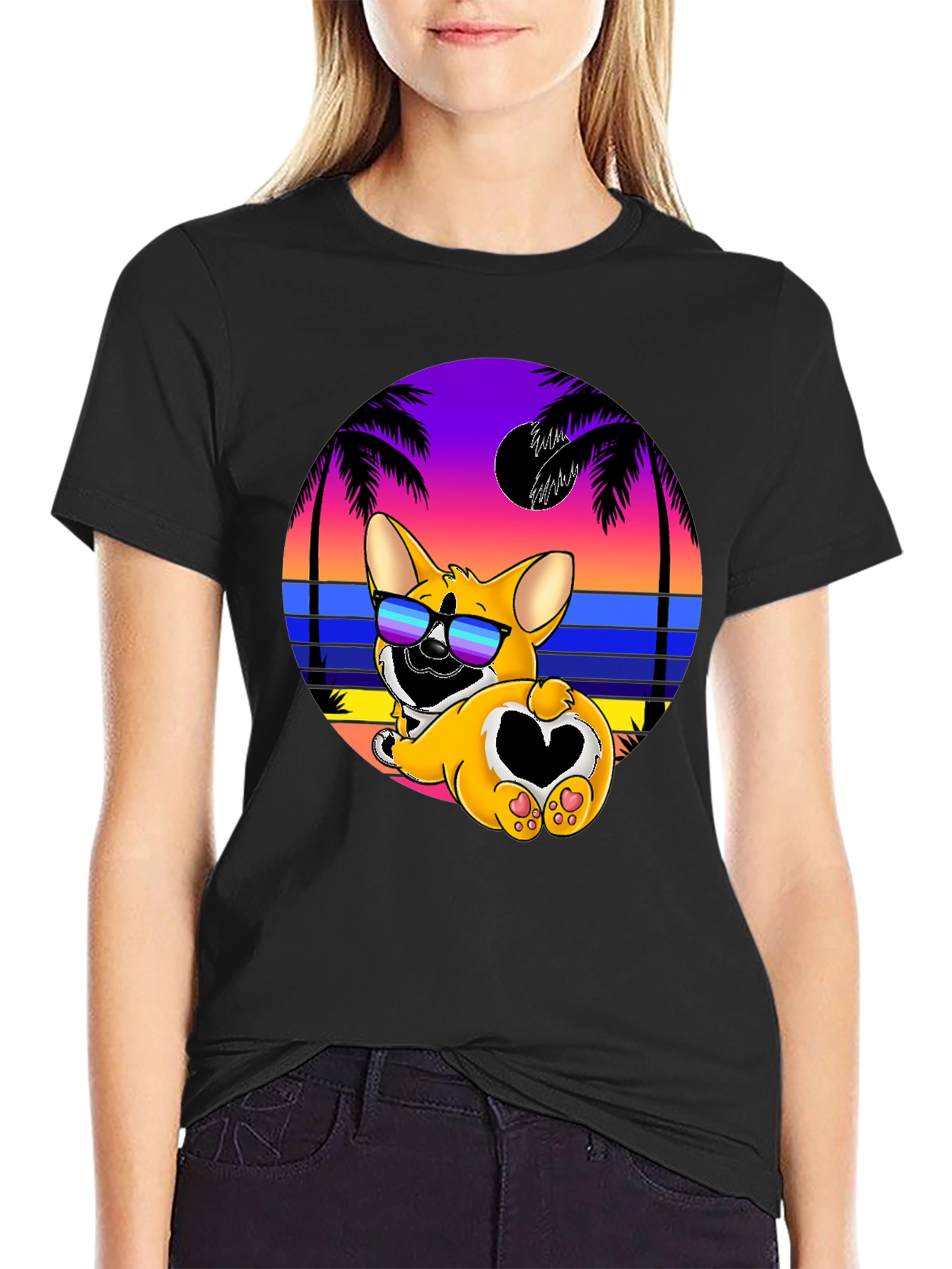 Camiseta Negra con Diseño Corgi Playa