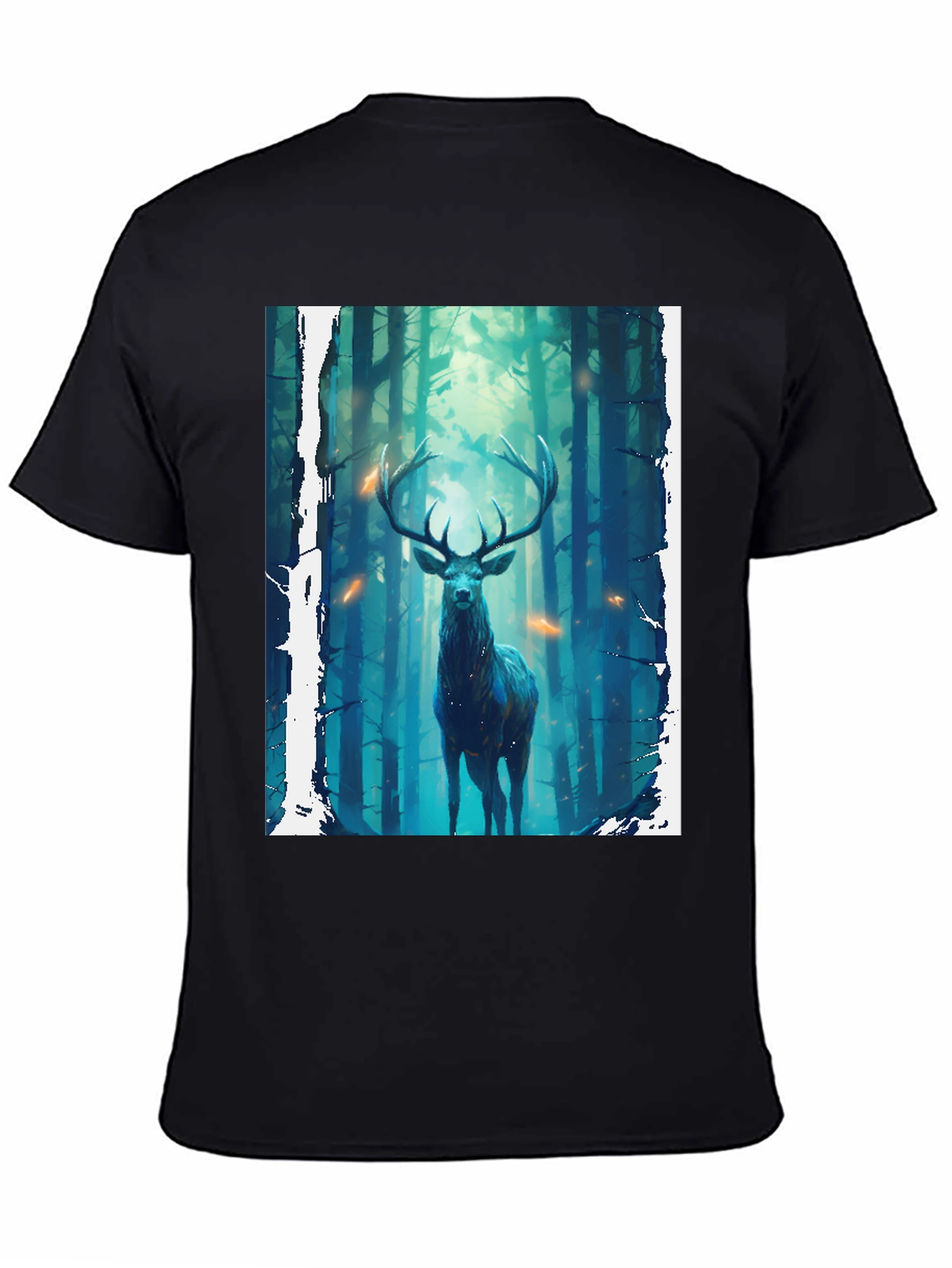 Camiseta Negra con Diseño de Ciervo en el Bosque