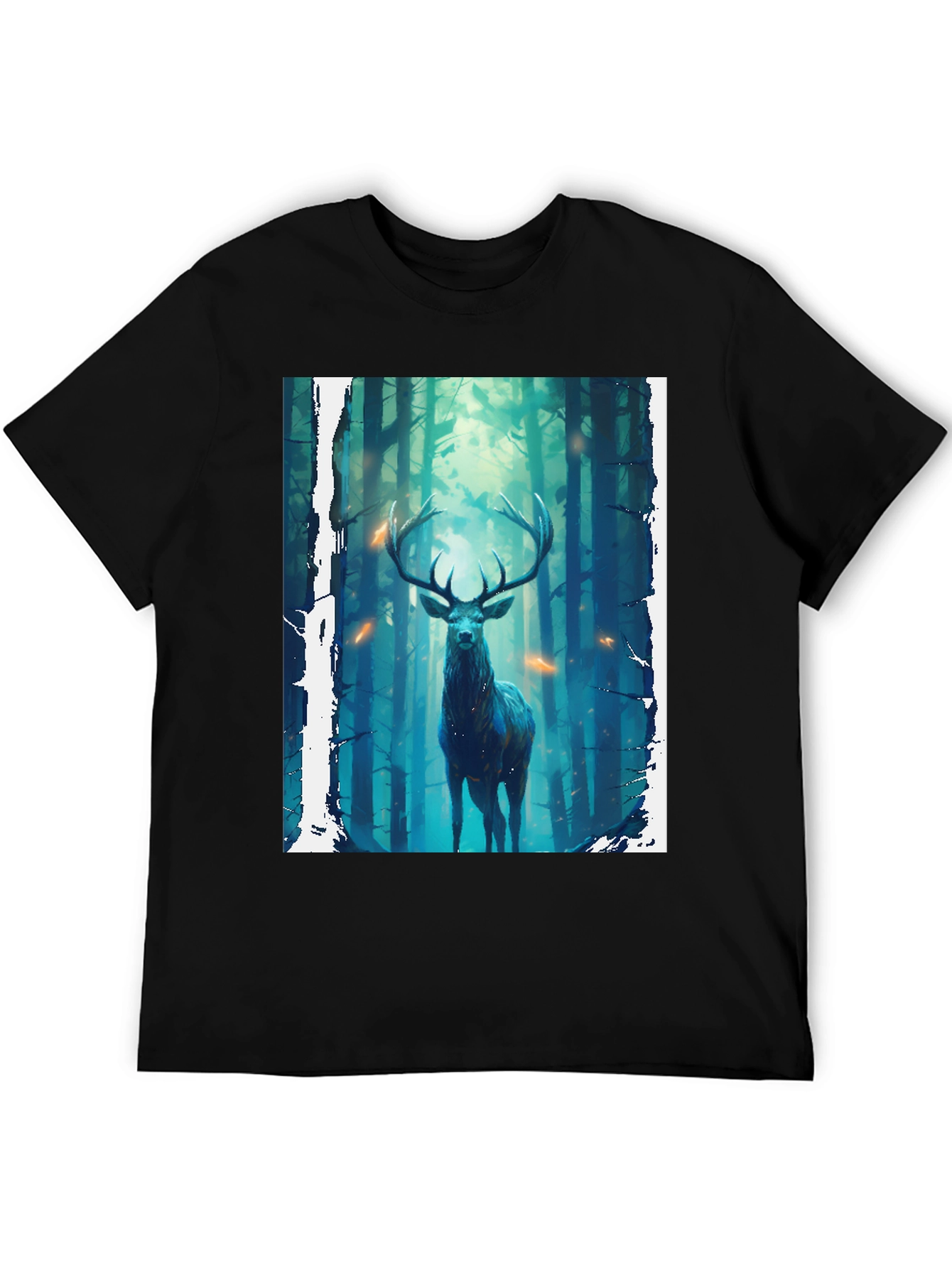 Camiseta Negra con Diseño de Ciervo en el Bosque