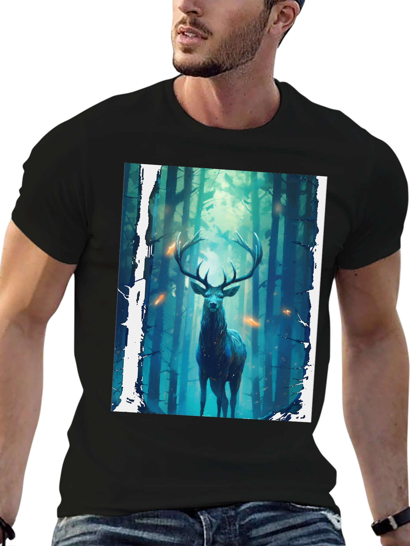 Camiseta Negra con Diseño de Ciervo en el Bosque