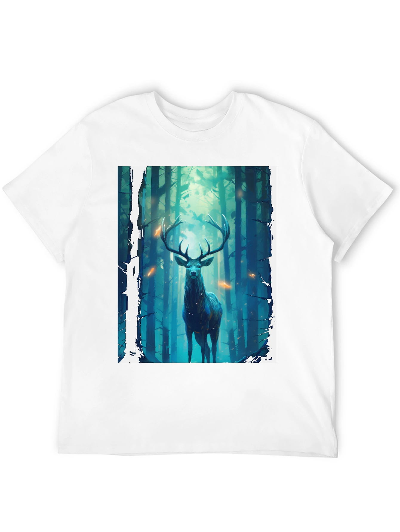 Camiseta Negra con Diseño de Ciervo en el Bosque