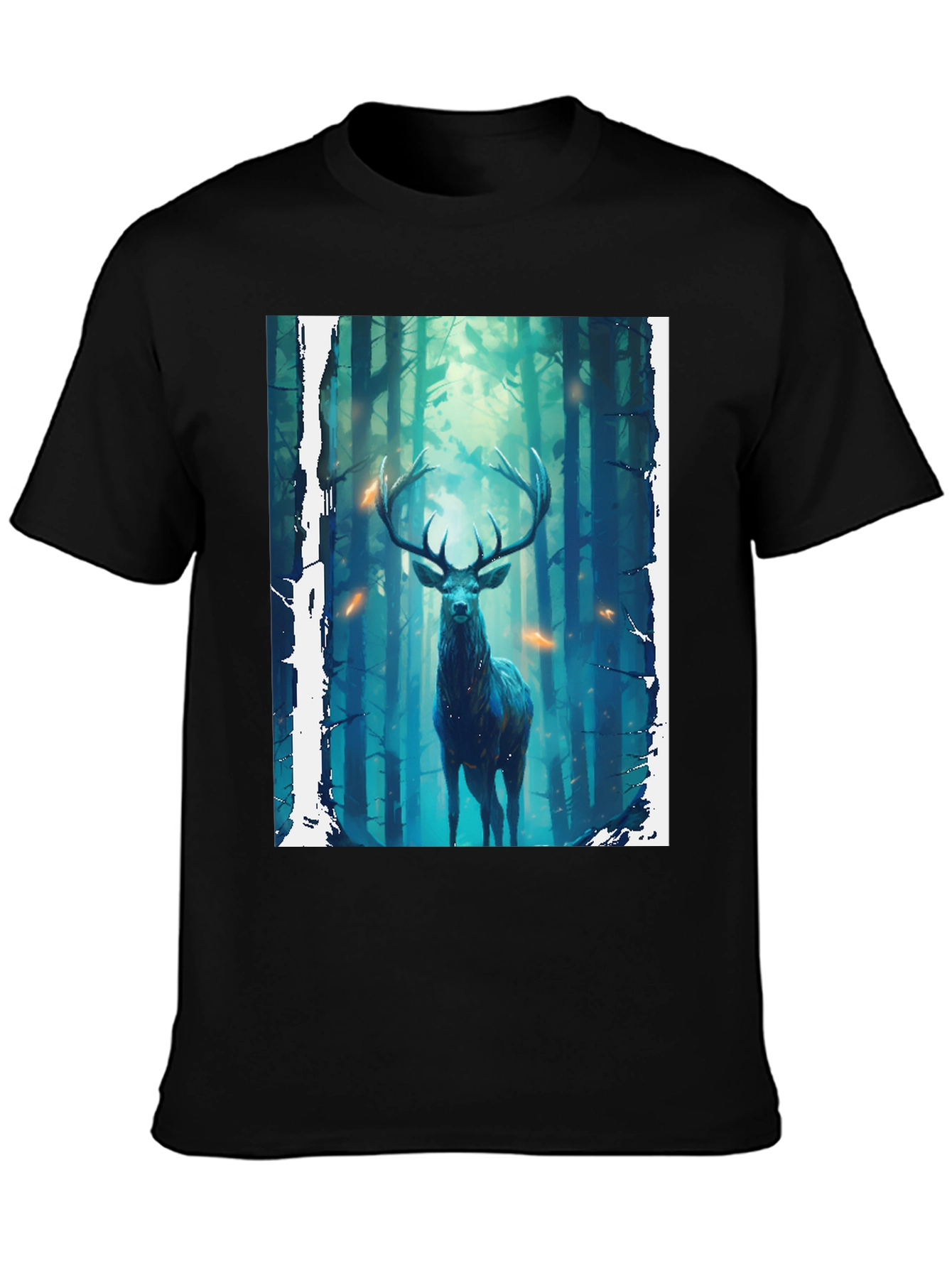 Camiseta Negra con Diseño de Ciervo en el Bosque