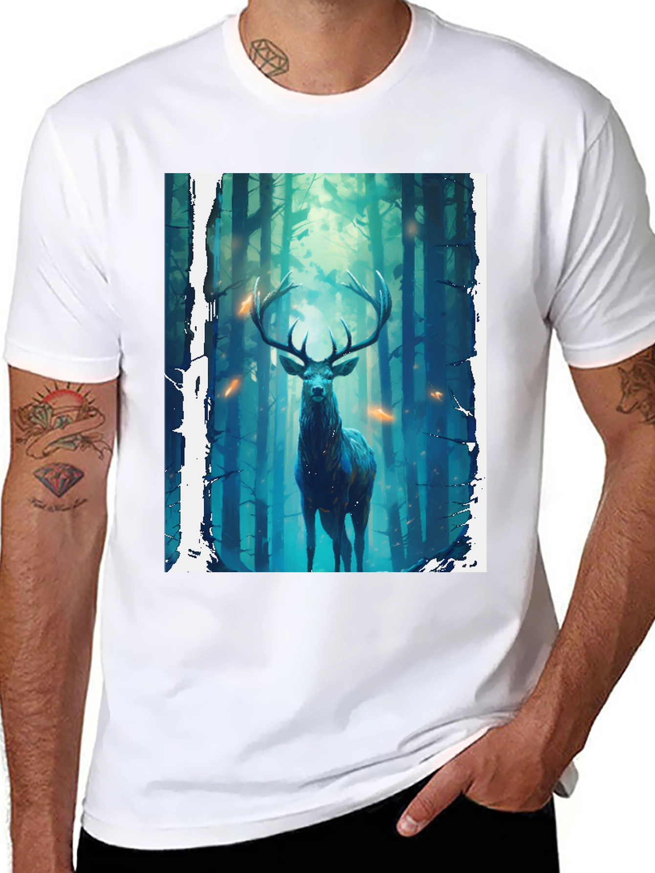 Camiseta Negra con Diseño de Ciervo en el Bosque