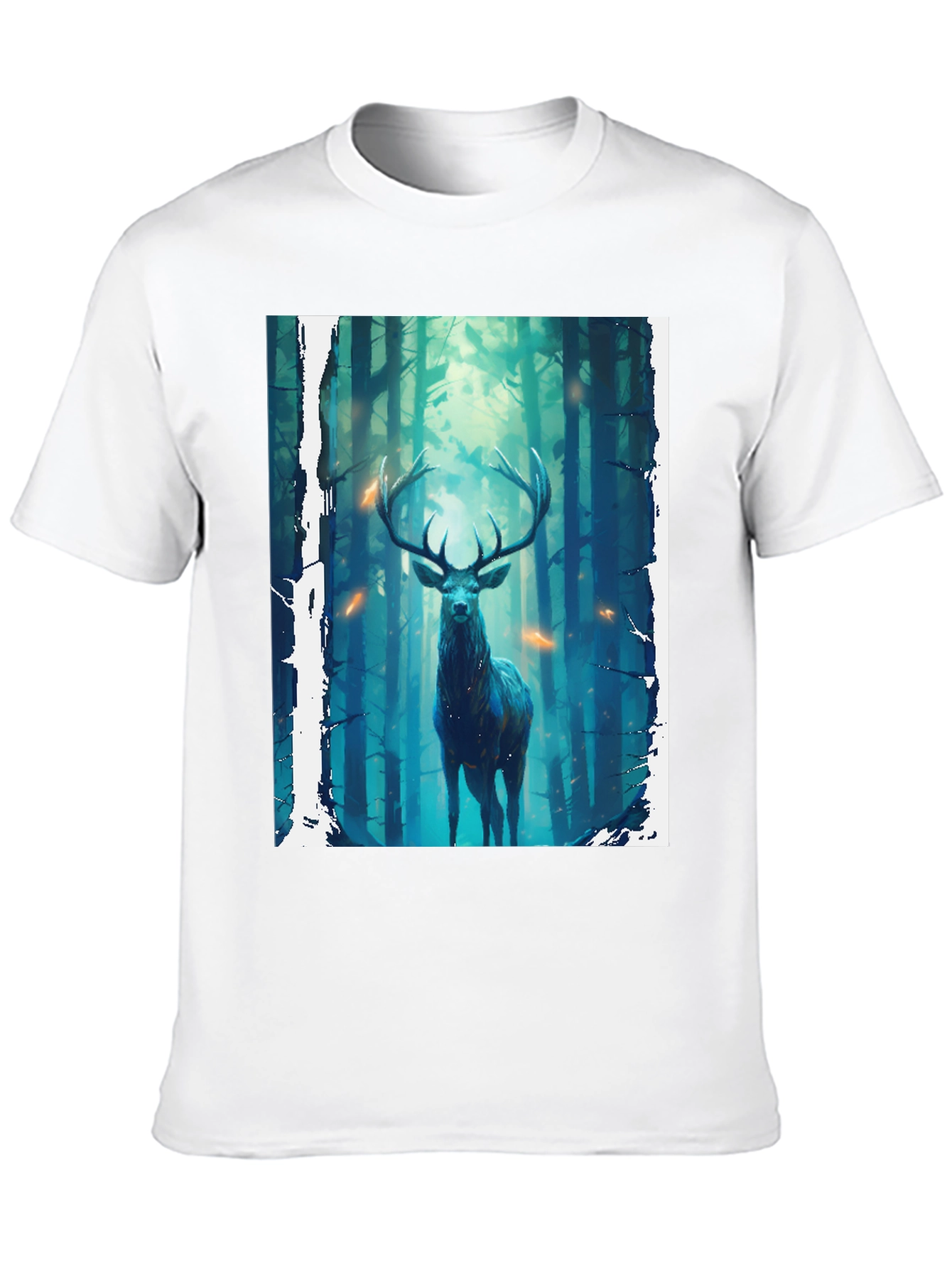 Camiseta Negra con Diseño de Ciervo en el Bosque