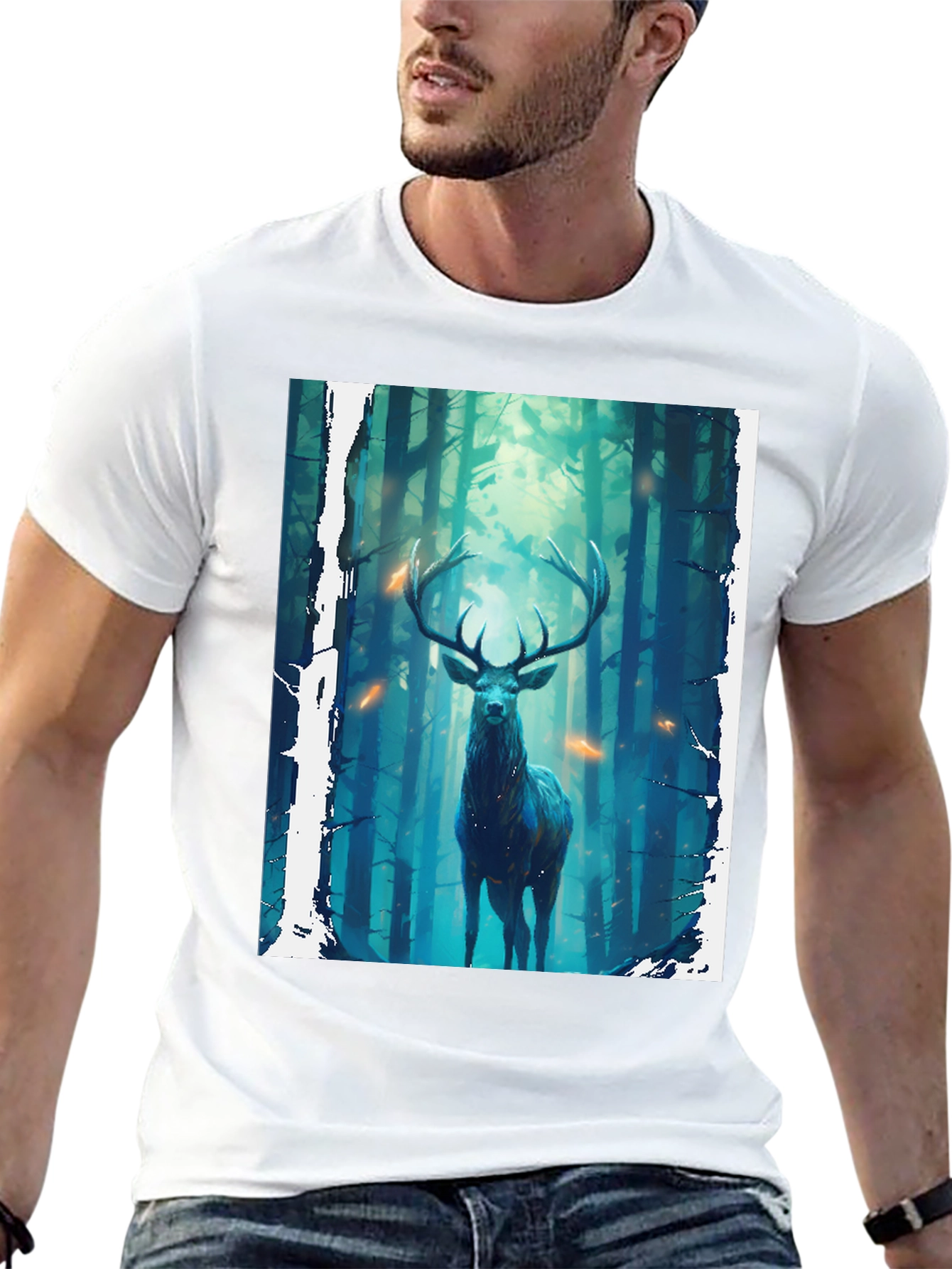 Camiseta Negra con Diseño de Ciervo en el Bosque