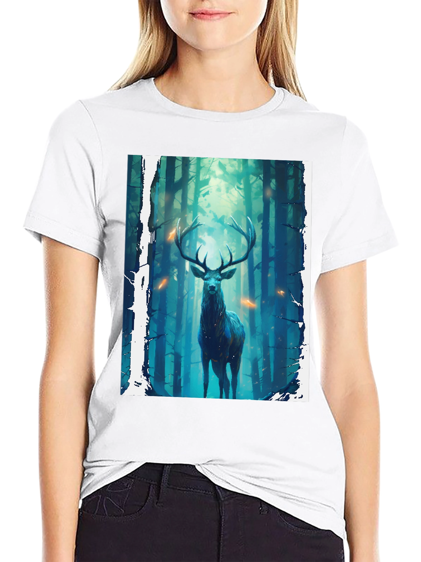 Camiseta Negra con Diseño de Ciervo en el Bosque