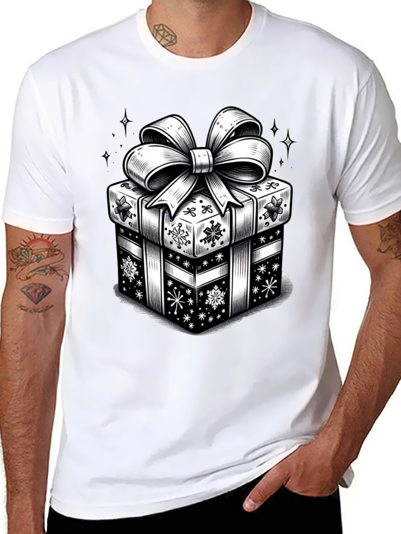 Camiseta Negra con Diseño de Regalo Navideño