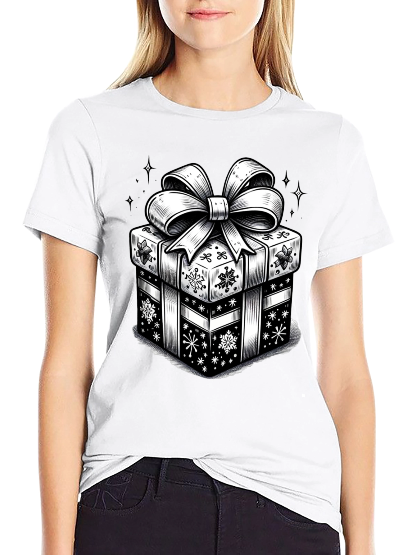 Camiseta Negra con Diseño de Regalo Navideño