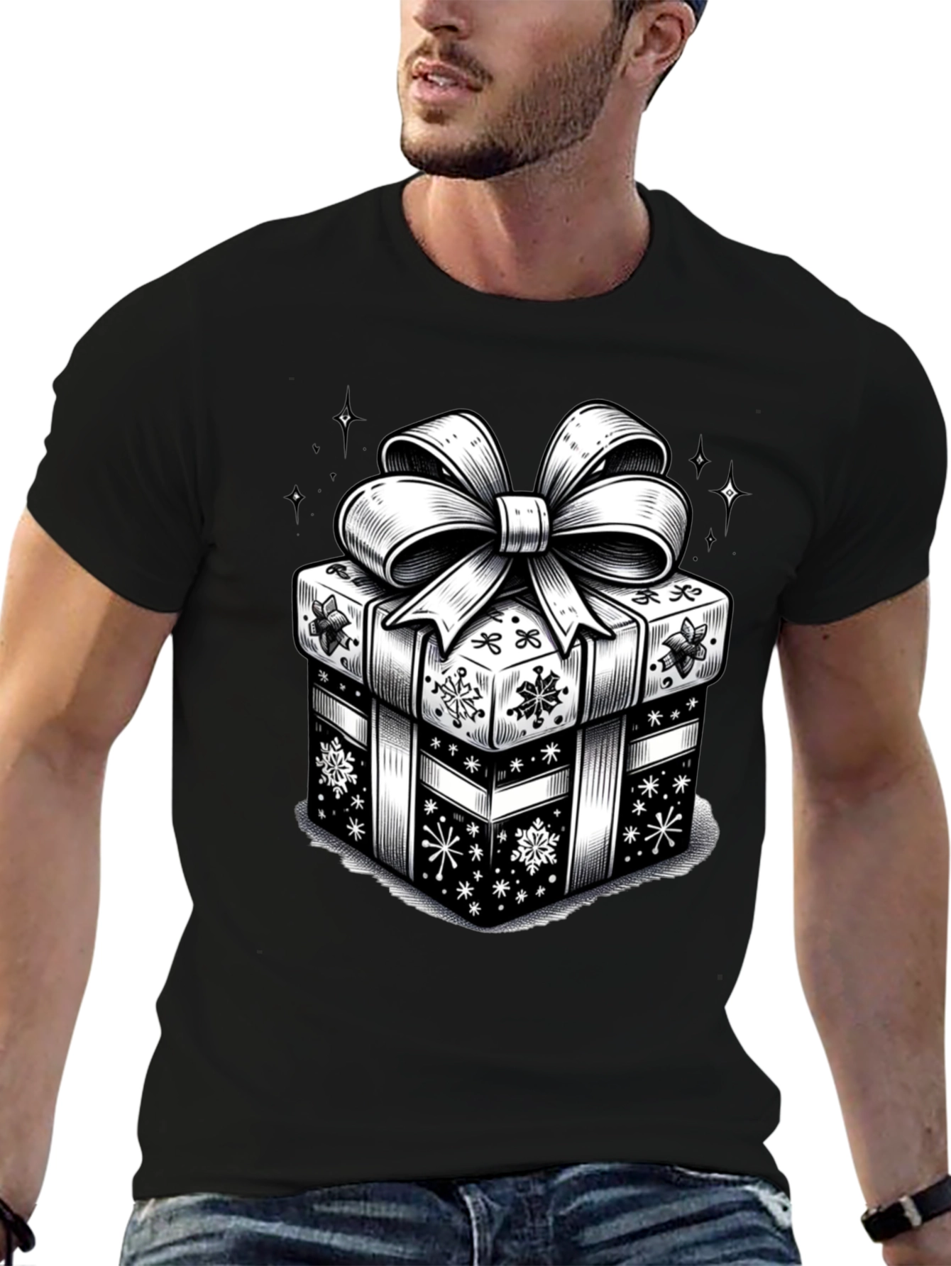 Camiseta Negra con Diseño de Regalo Navideño