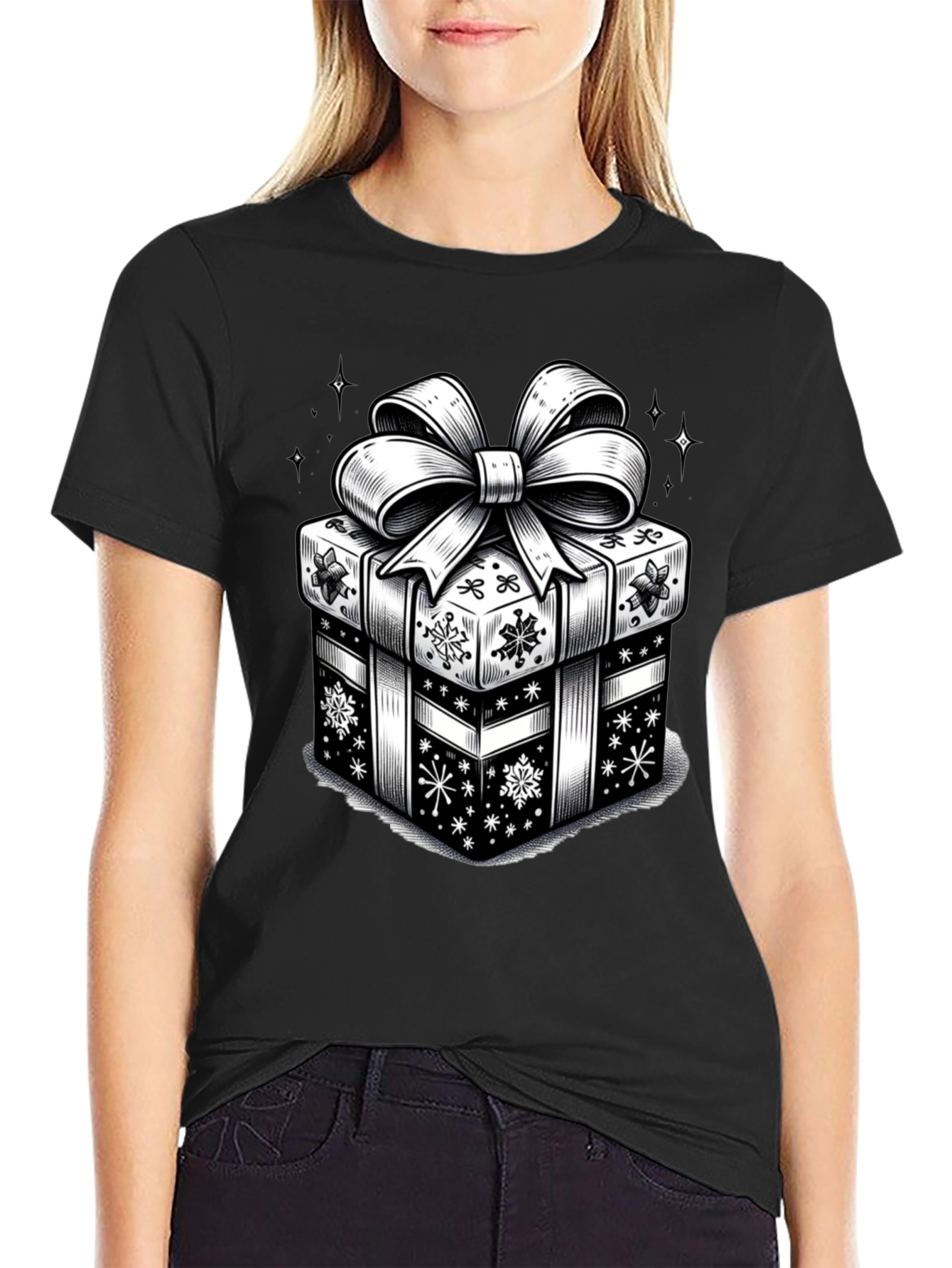 Camiseta Negra con Diseño de Regalo Navideño
