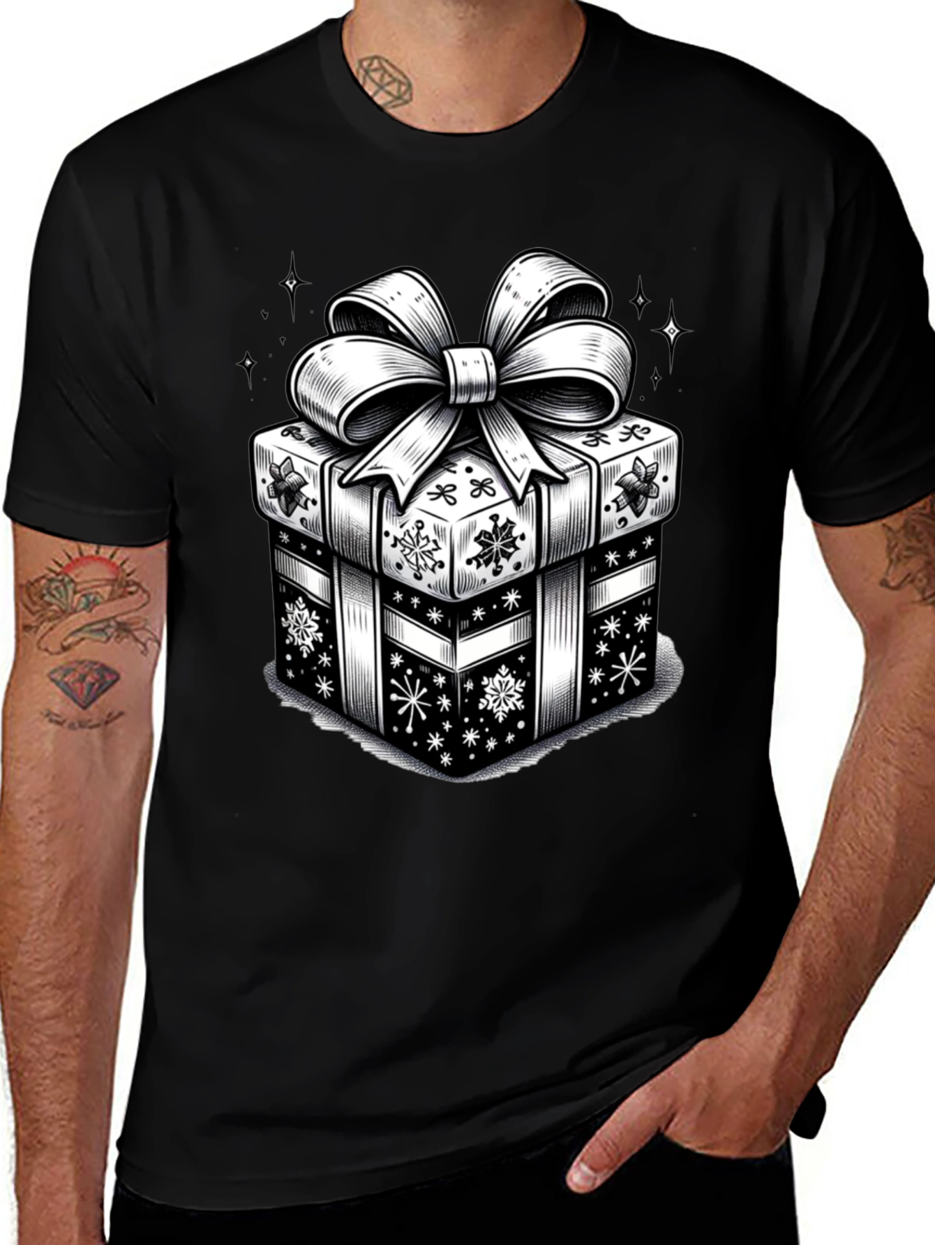 Camiseta Negra con Diseño de Regalo Navideño