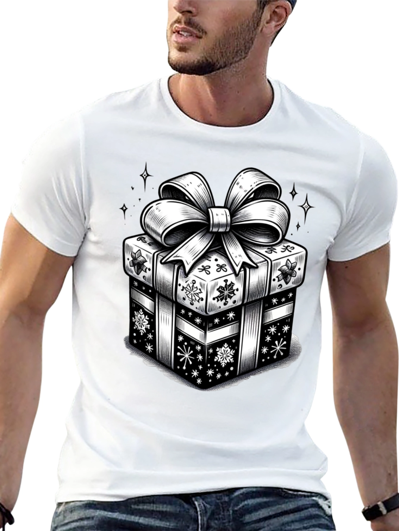 Camiseta Negra con Diseño de Regalo Navideño