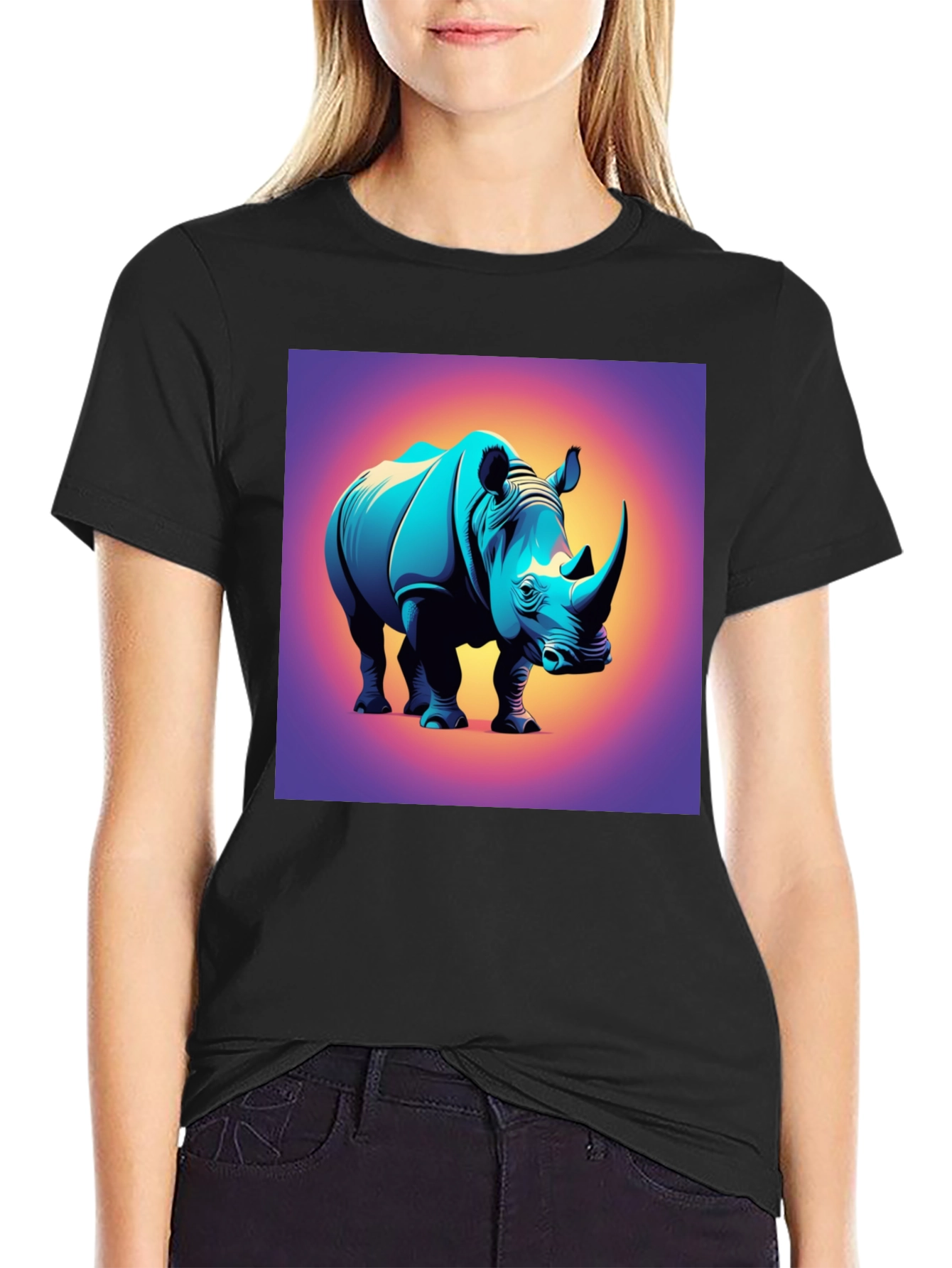 Camiseta Negra con Diseño de Rinoceronte Moderno