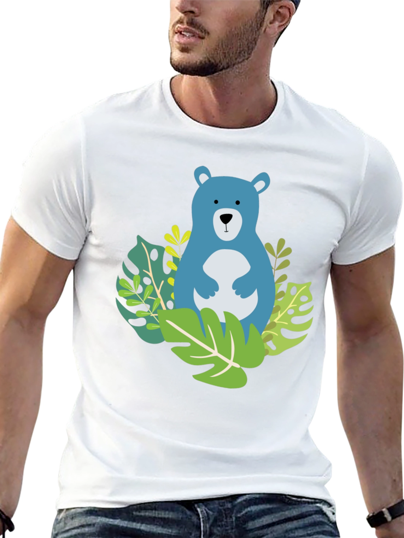 Camiseta Negra con Diseño de Oso Azul Tropical