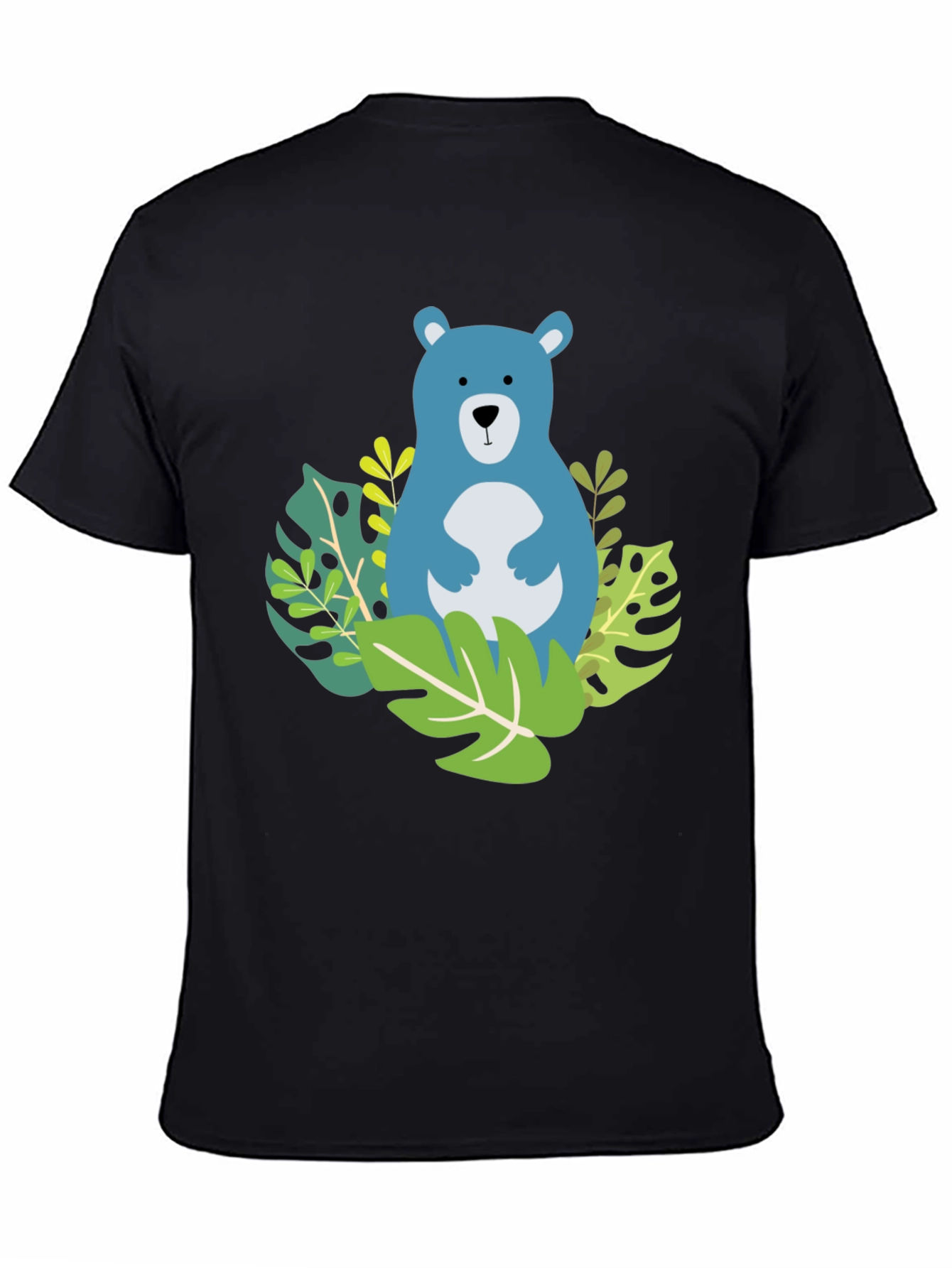 Camiseta Negra con Diseño de Oso Azul Tropical