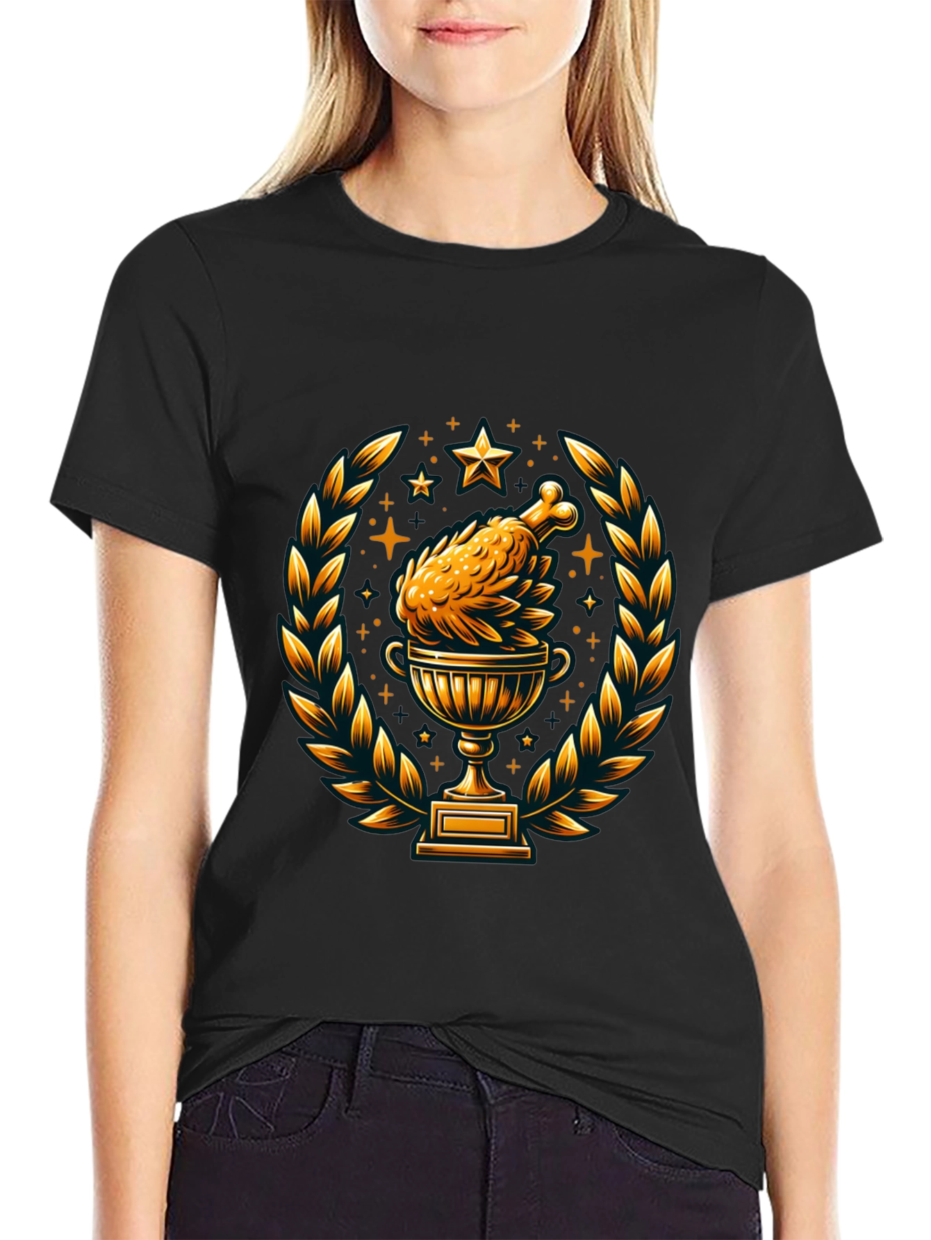 Camiseta Negra con Diseño de Pollo Trofeo Dorado