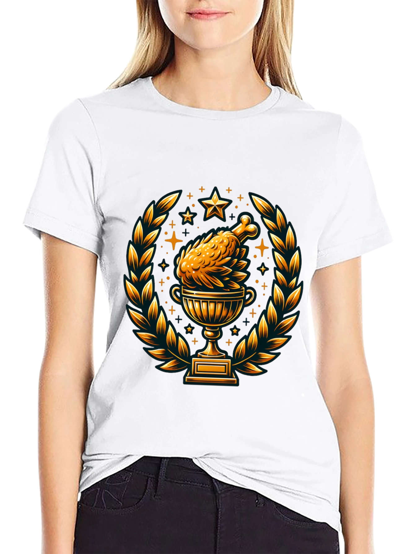 Camiseta Negra con Diseño de Pollo Trofeo Dorado