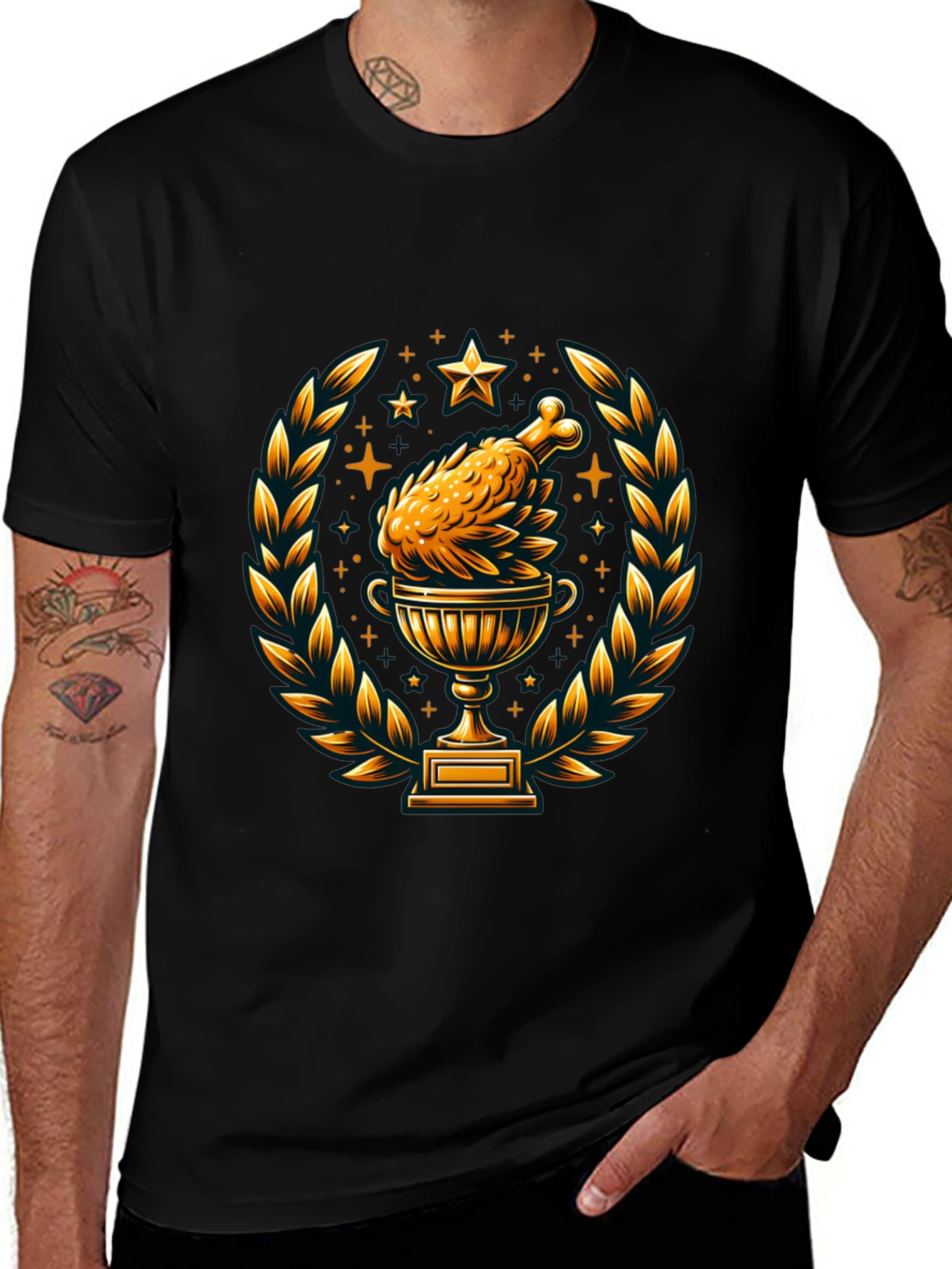 Camiseta Negra con Diseño de Pollo Trofeo Dorado