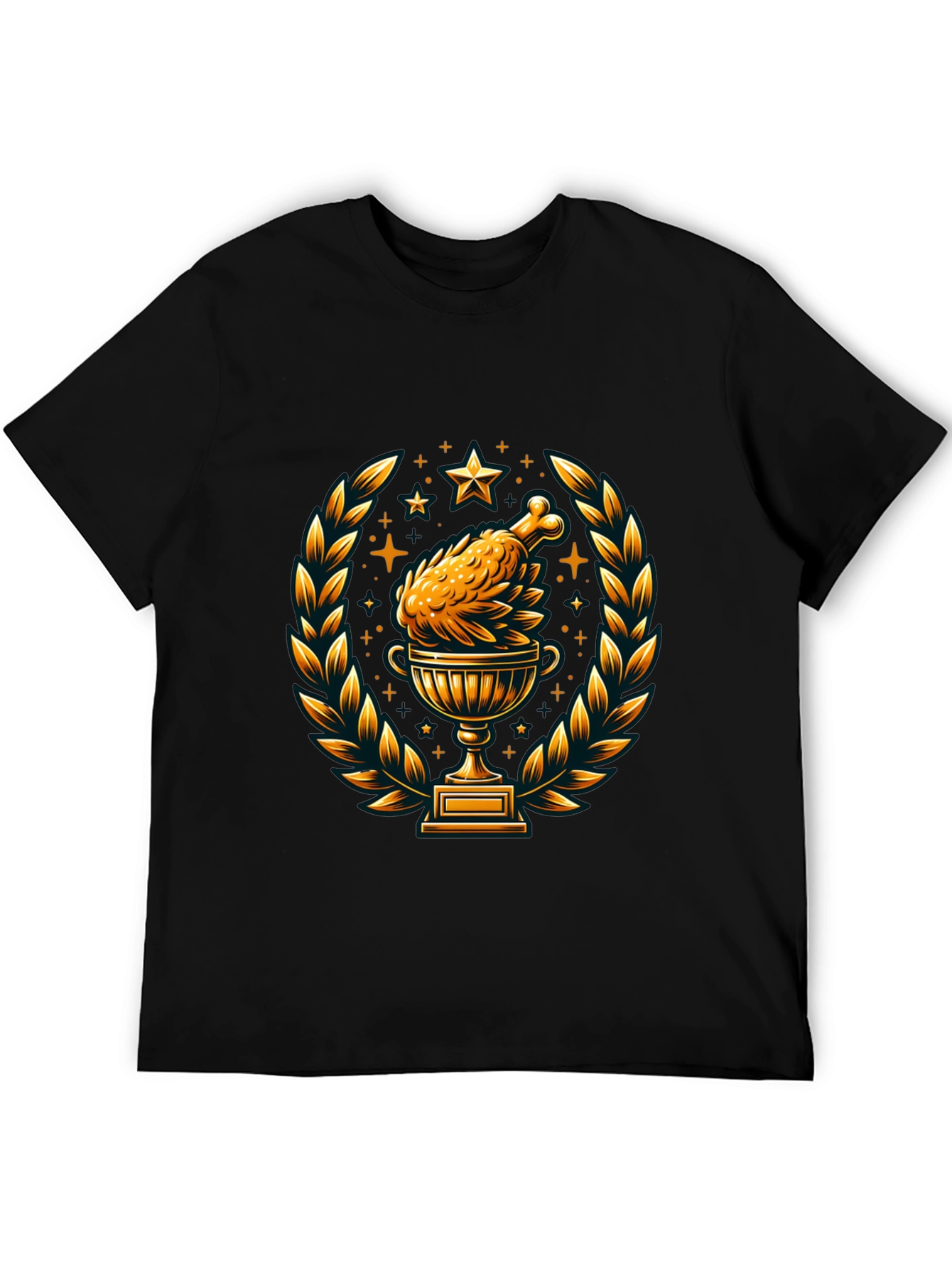 Camiseta Negra con Diseño de Pollo Trofeo Dorado