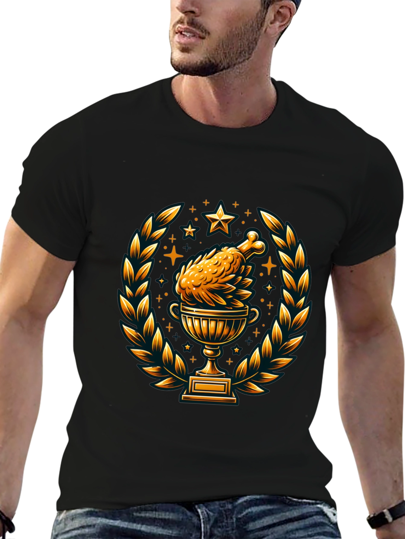 Camiseta Negra con Diseño de Pollo Trofeo Dorado