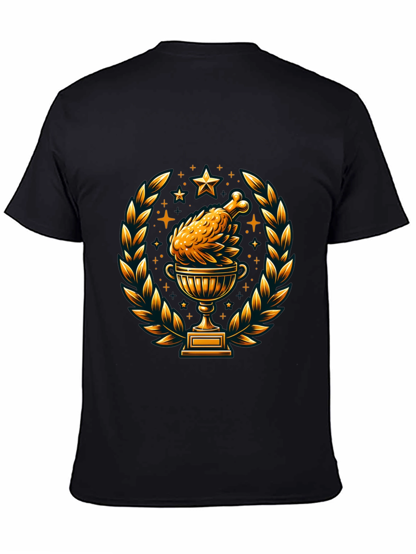 Camiseta Negra con Diseño de Pollo Trofeo Dorado