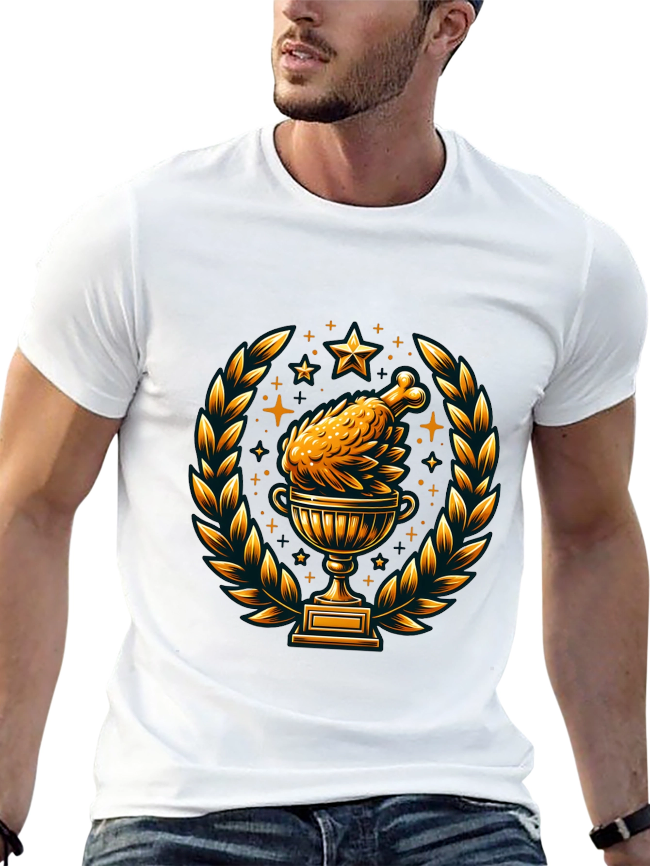 Camiseta Negra con Diseño de Pollo Trofeo Dorado