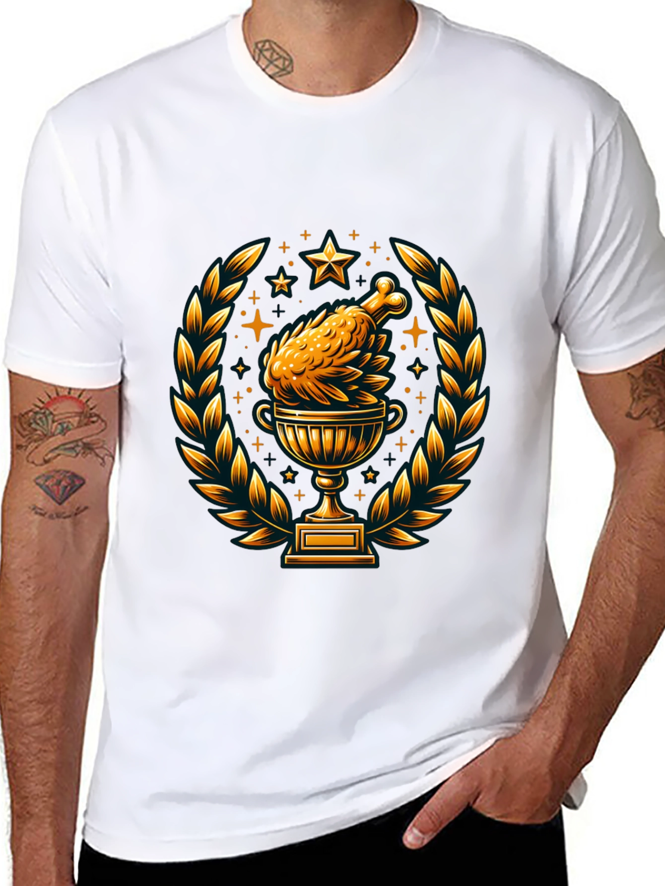 Camiseta Negra con Diseño de Pollo Trofeo Dorado