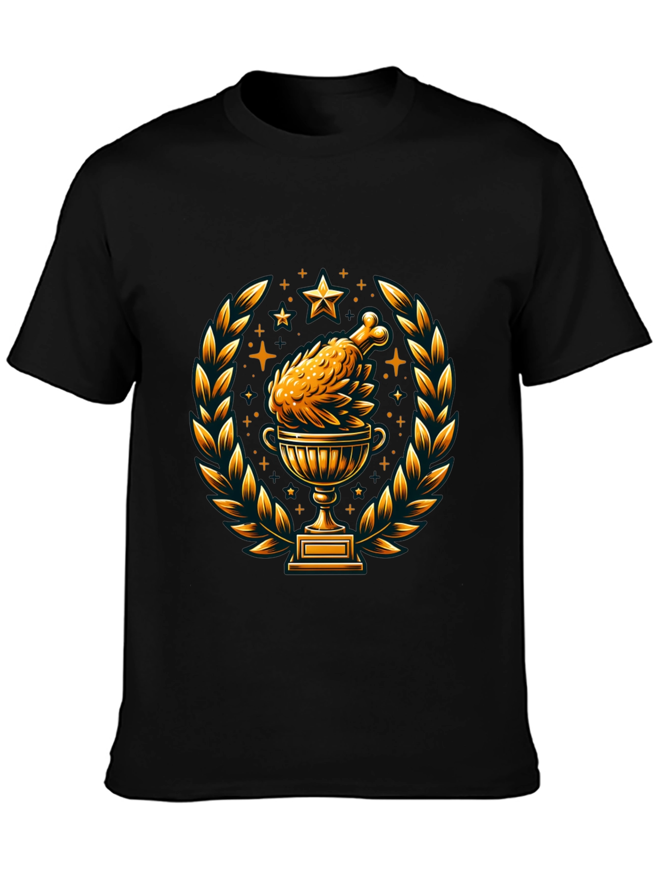 Camiseta Negra con Diseño de Pollo Trofeo Dorado