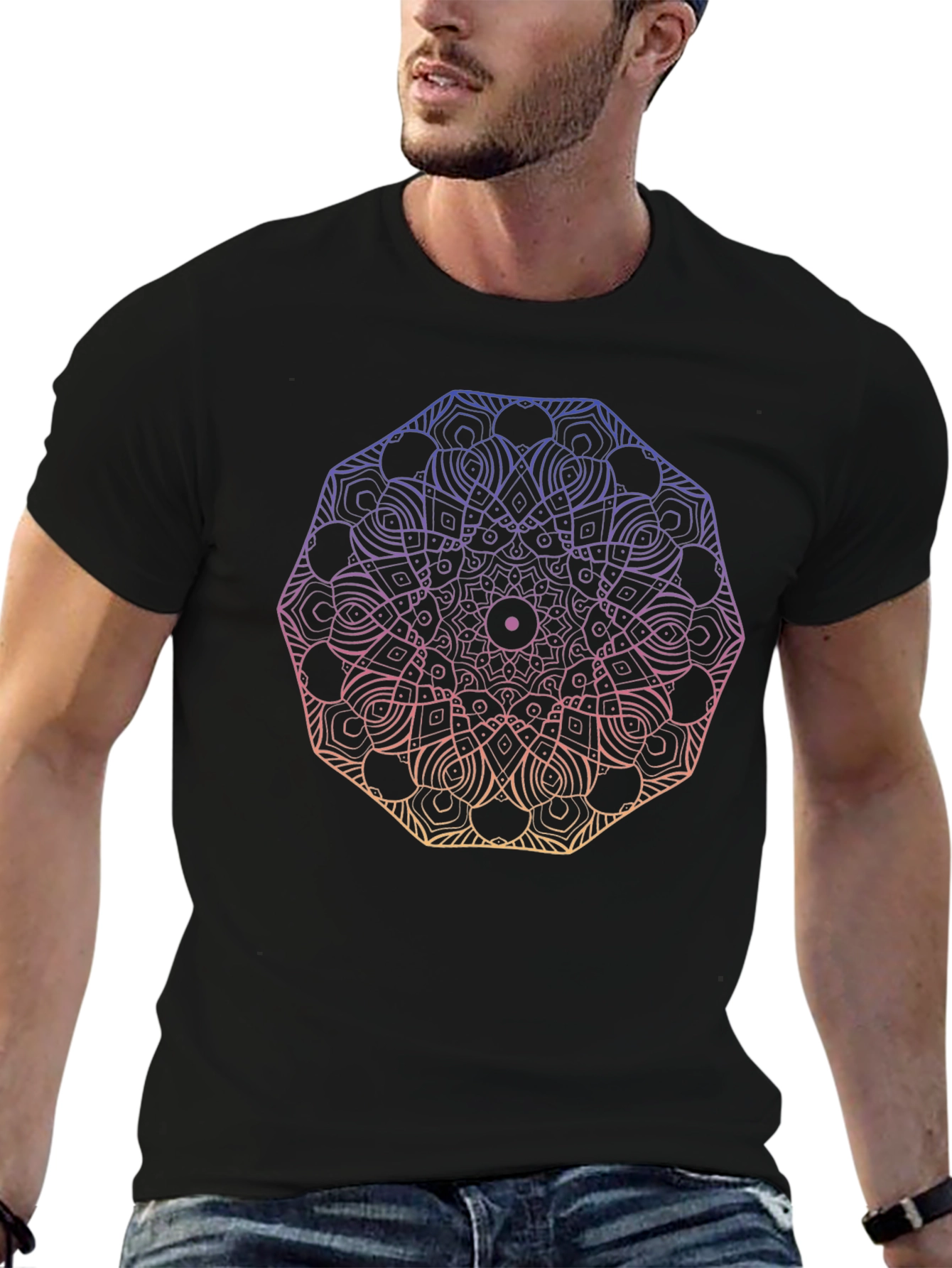 Camiseta Negra Mandala Degradada Unisex