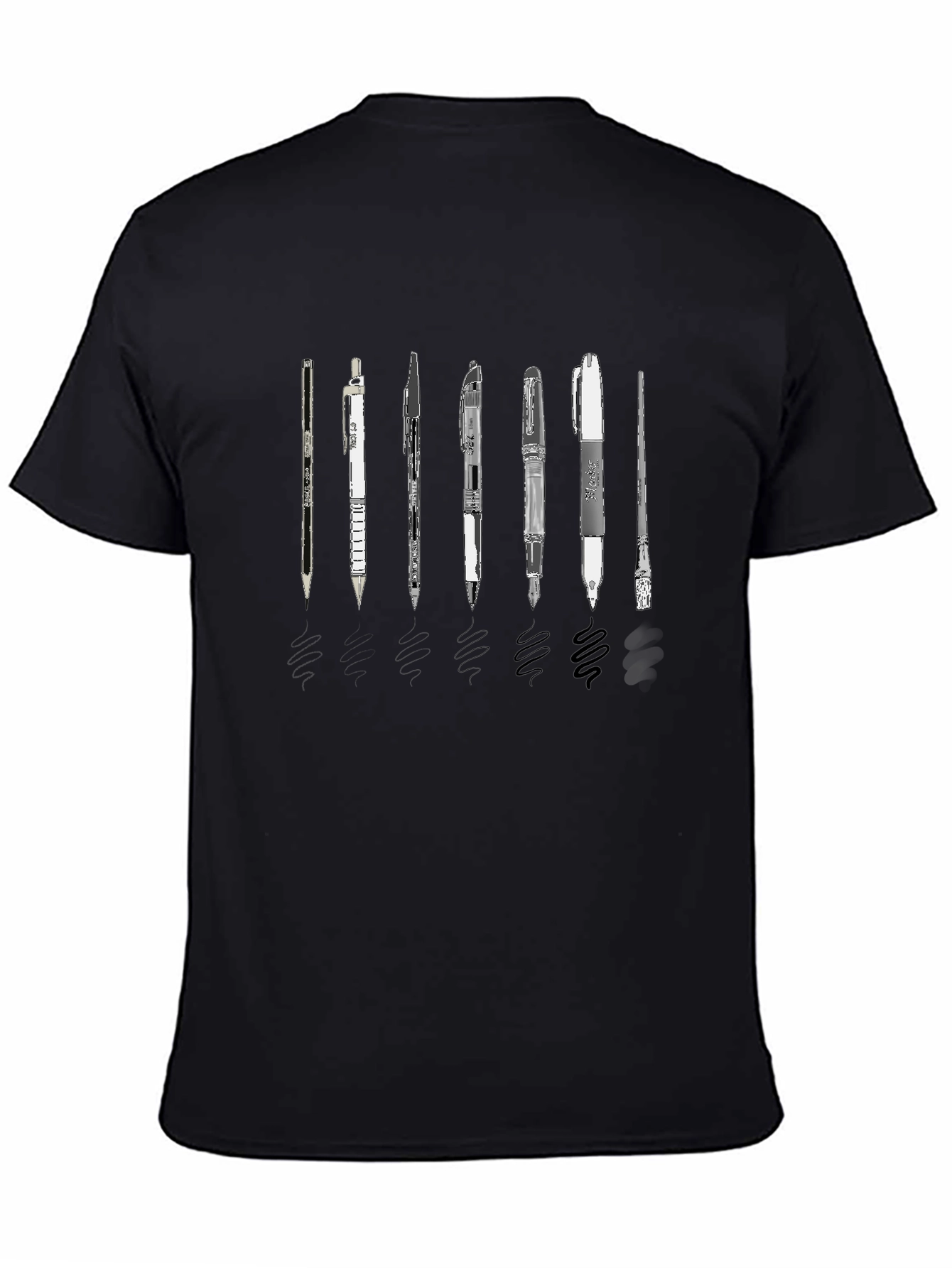 Camiseta Negra con Diseño de Bolígrafos