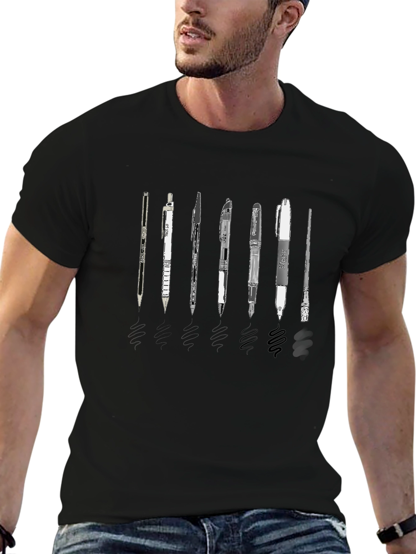 Camiseta Negra con Diseño de Bolígrafos