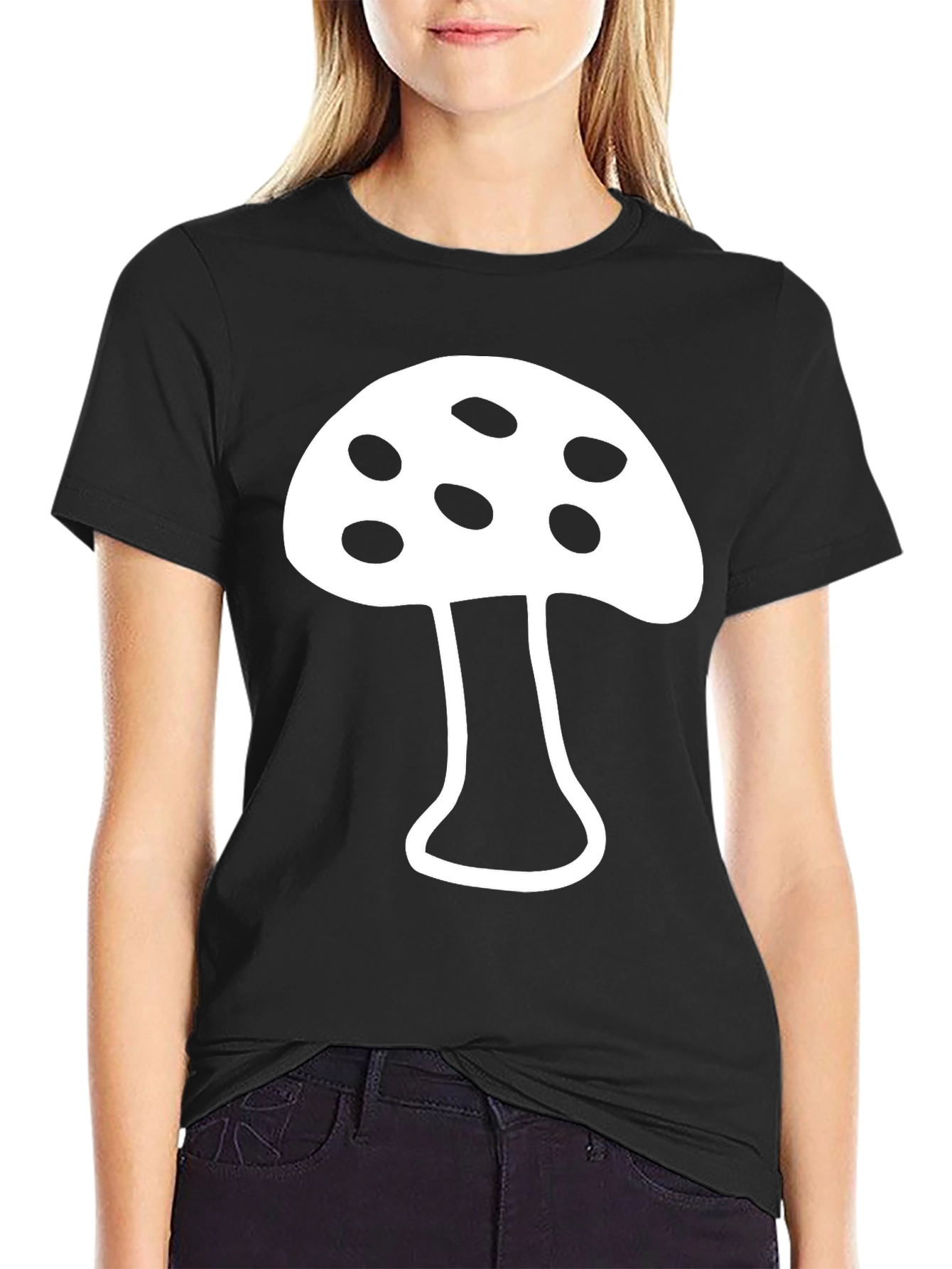 Camiseta Negra con Diseño de Hongo Blanco