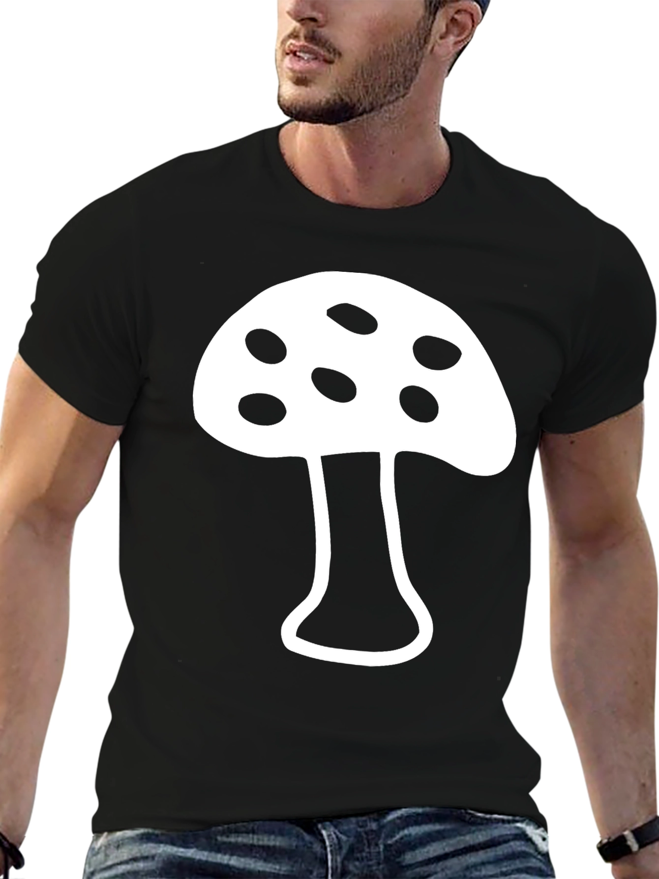 Camiseta Negra con Diseño de Hongo Blanco