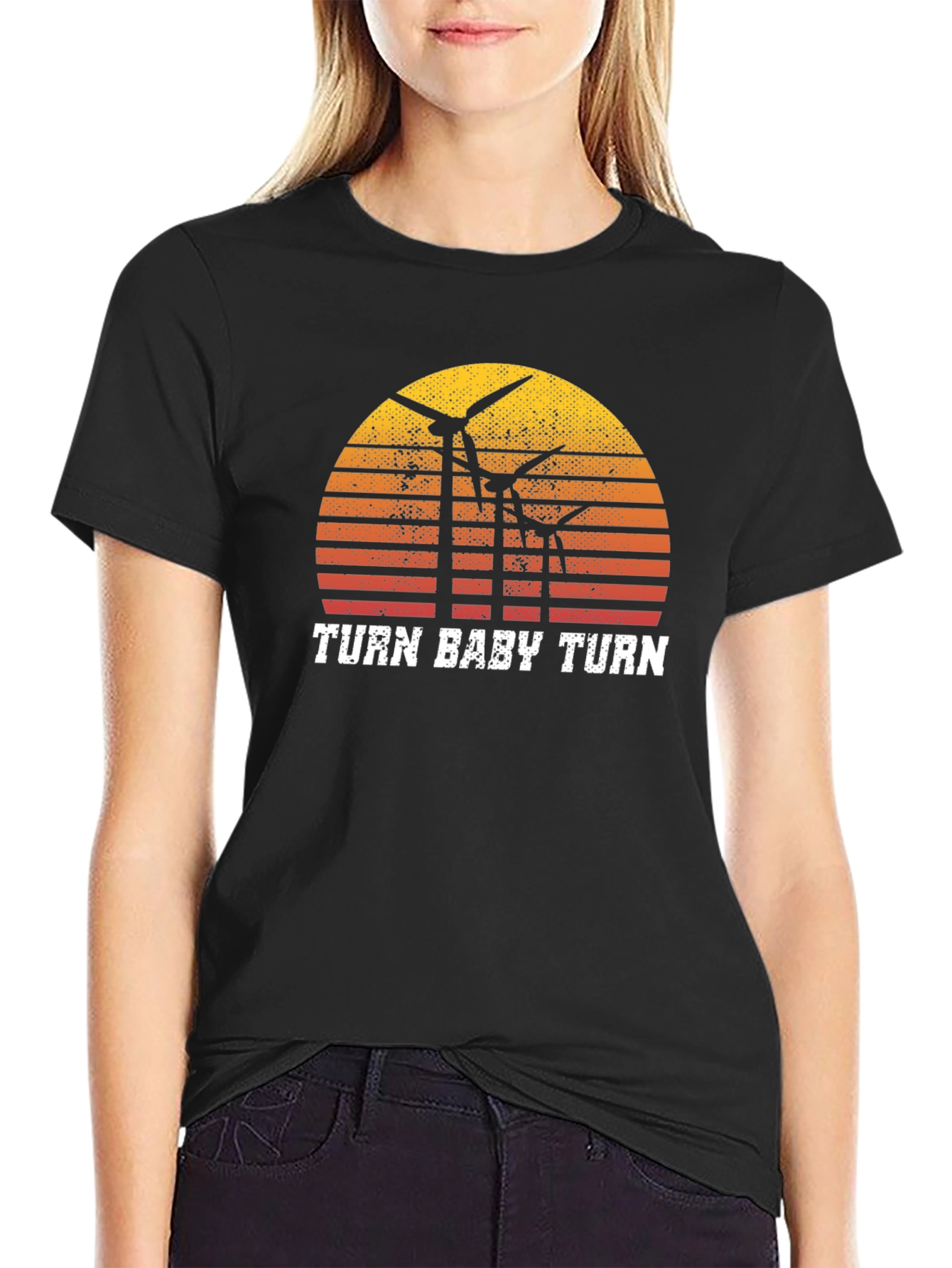 Camiseta Negra Retro Turn Baby Turn Energía Eólica