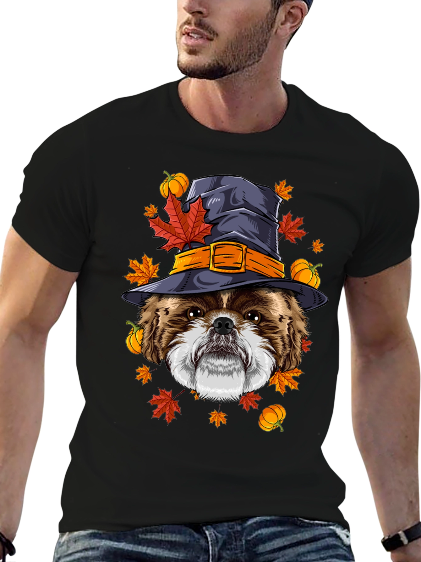 Camiseta Negra con Diseño de Perro Bruja Otoñal