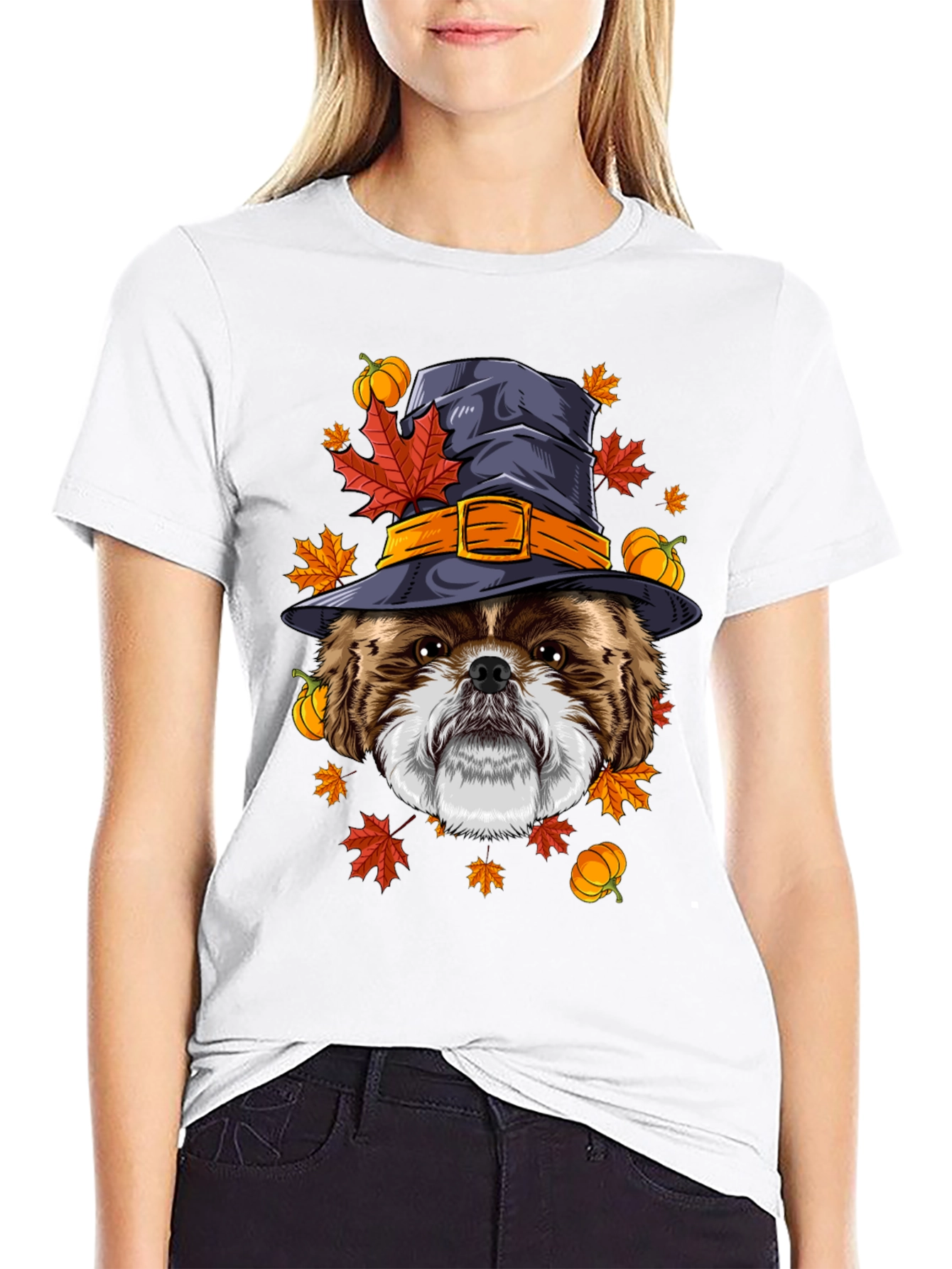 Camiseta Negra con Diseño de Perro Bruja Otoñal