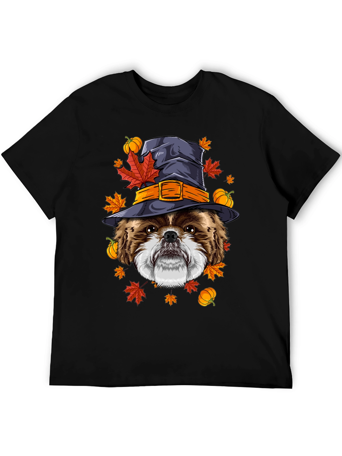 Camiseta Negra con Diseño de Perro Bruja Otoñal