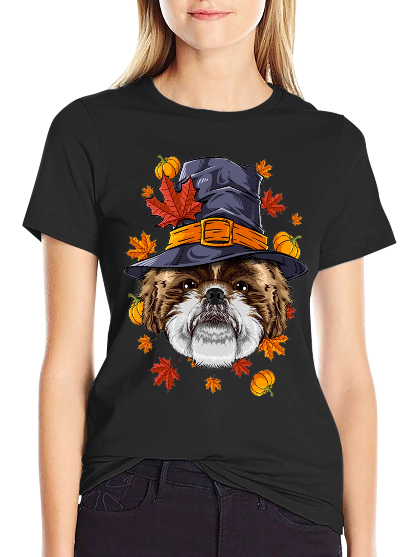 Camiseta Negra con Diseño de Perro Bruja Otoñal