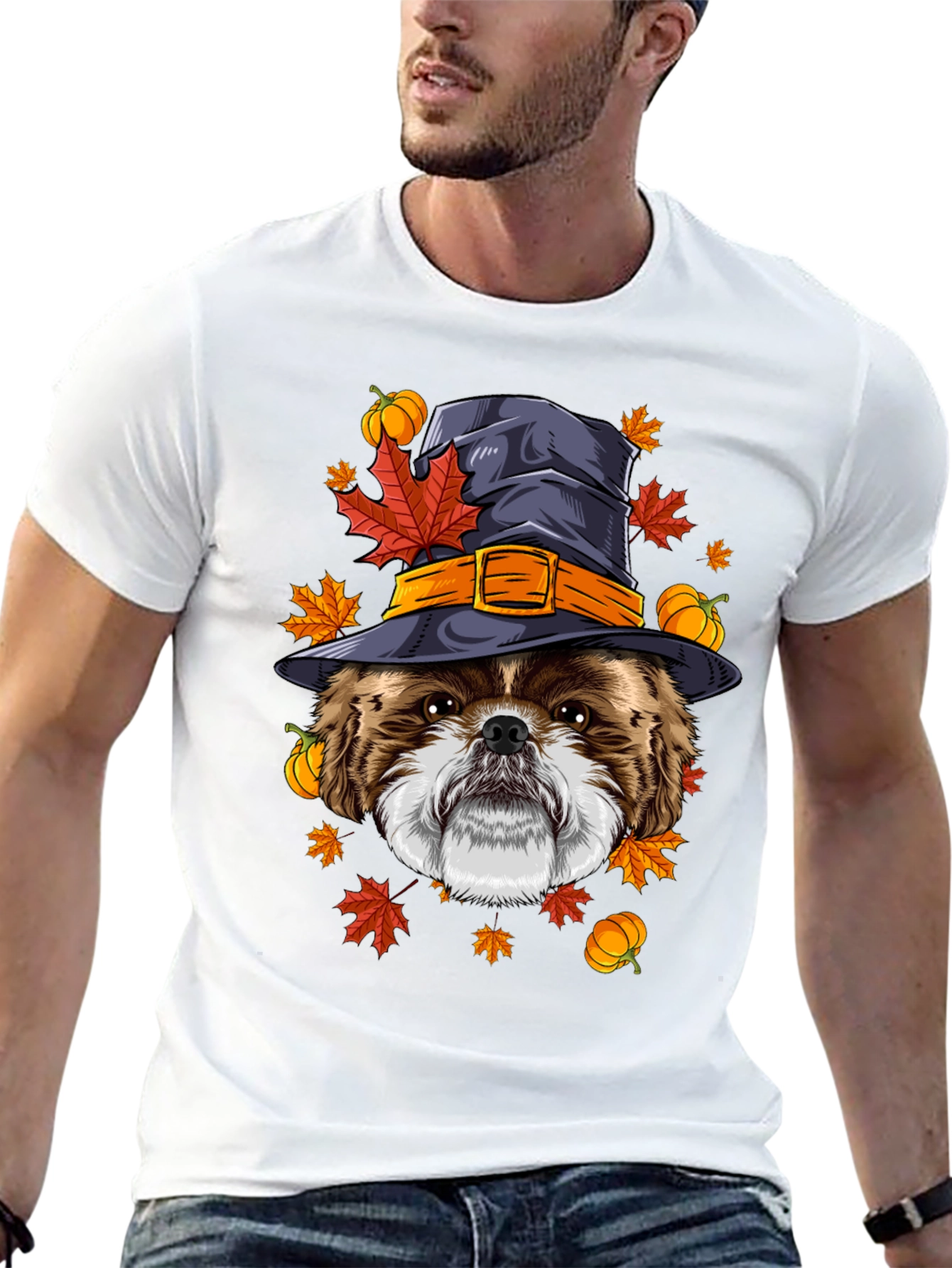 Camiseta Negra con Diseño de Perro Bruja Otoñal