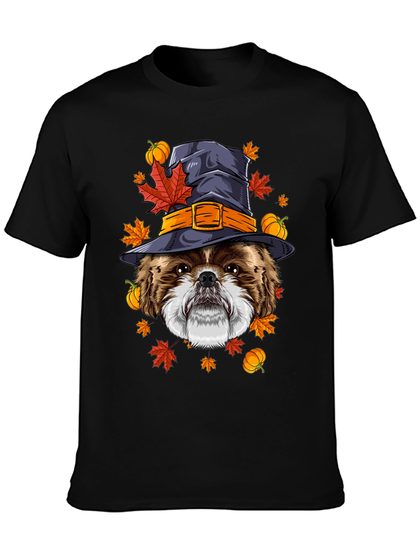 Camiseta Negra con Diseño de Perro Bruja Otoñal