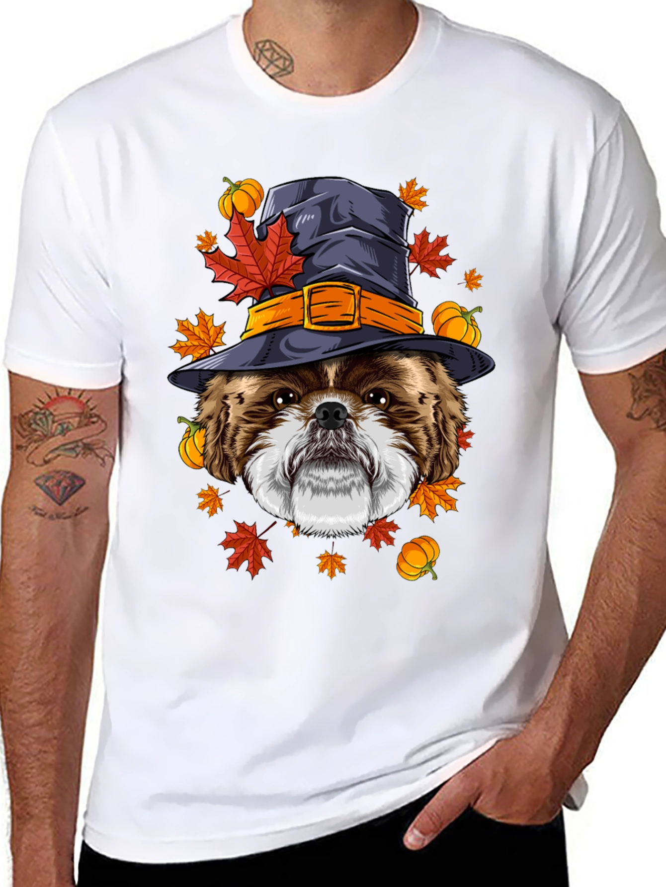 Camiseta Negra con Diseño de Perro Bruja Otoñal