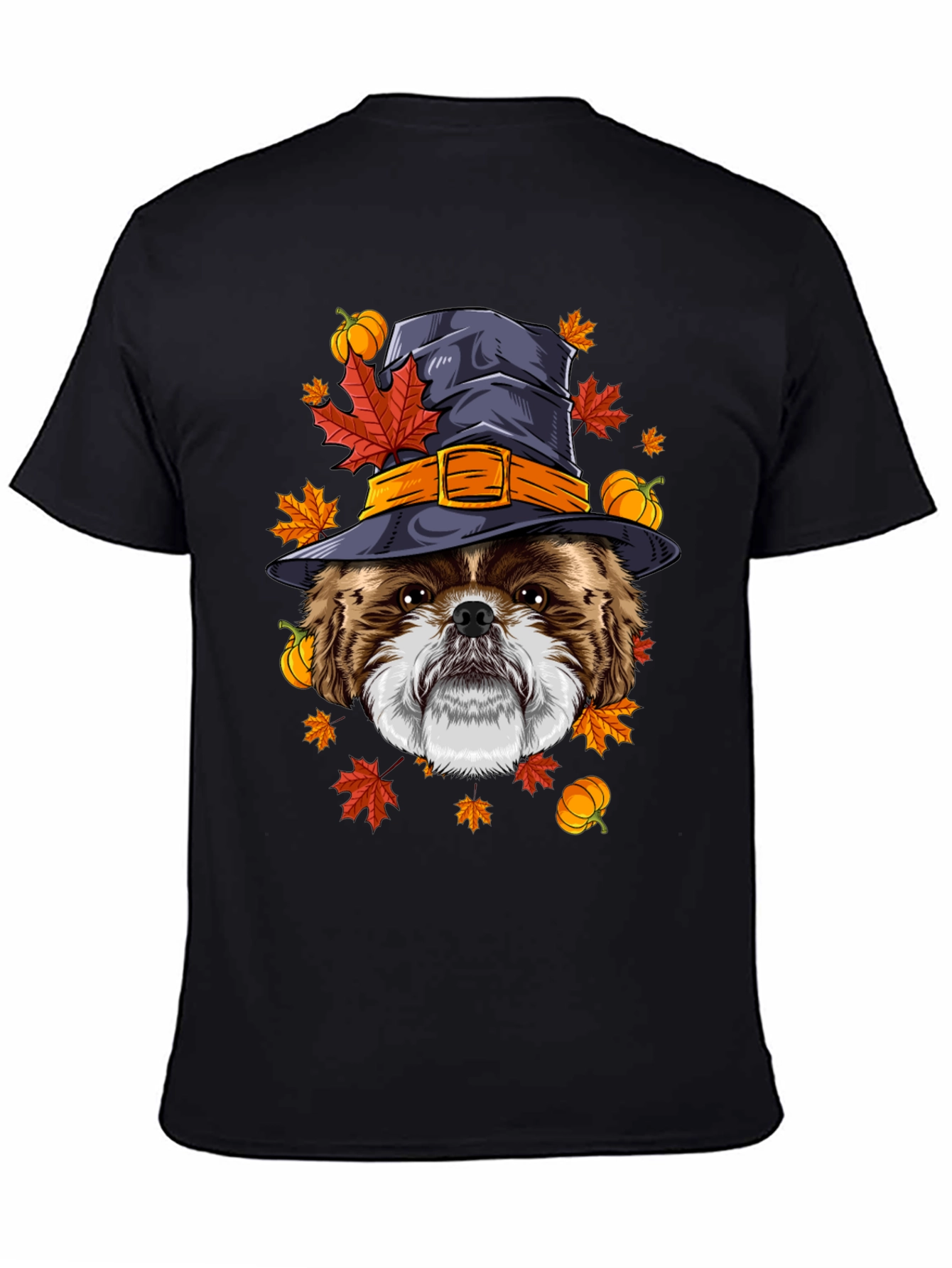 Camiseta Negra con Diseño de Perro Bruja Otoñal