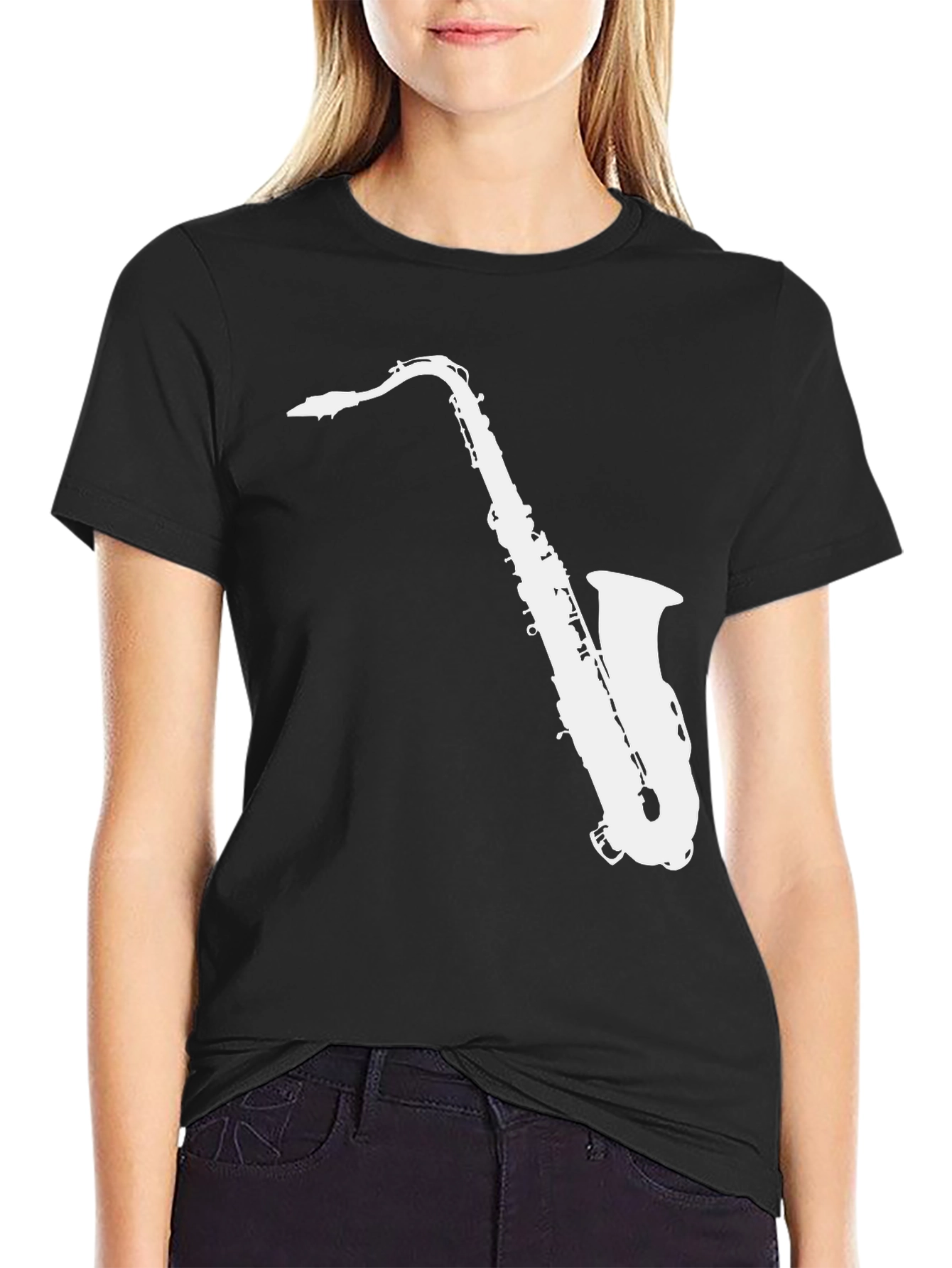 Camiseta Negra con Diseño de Saxofón Blanco