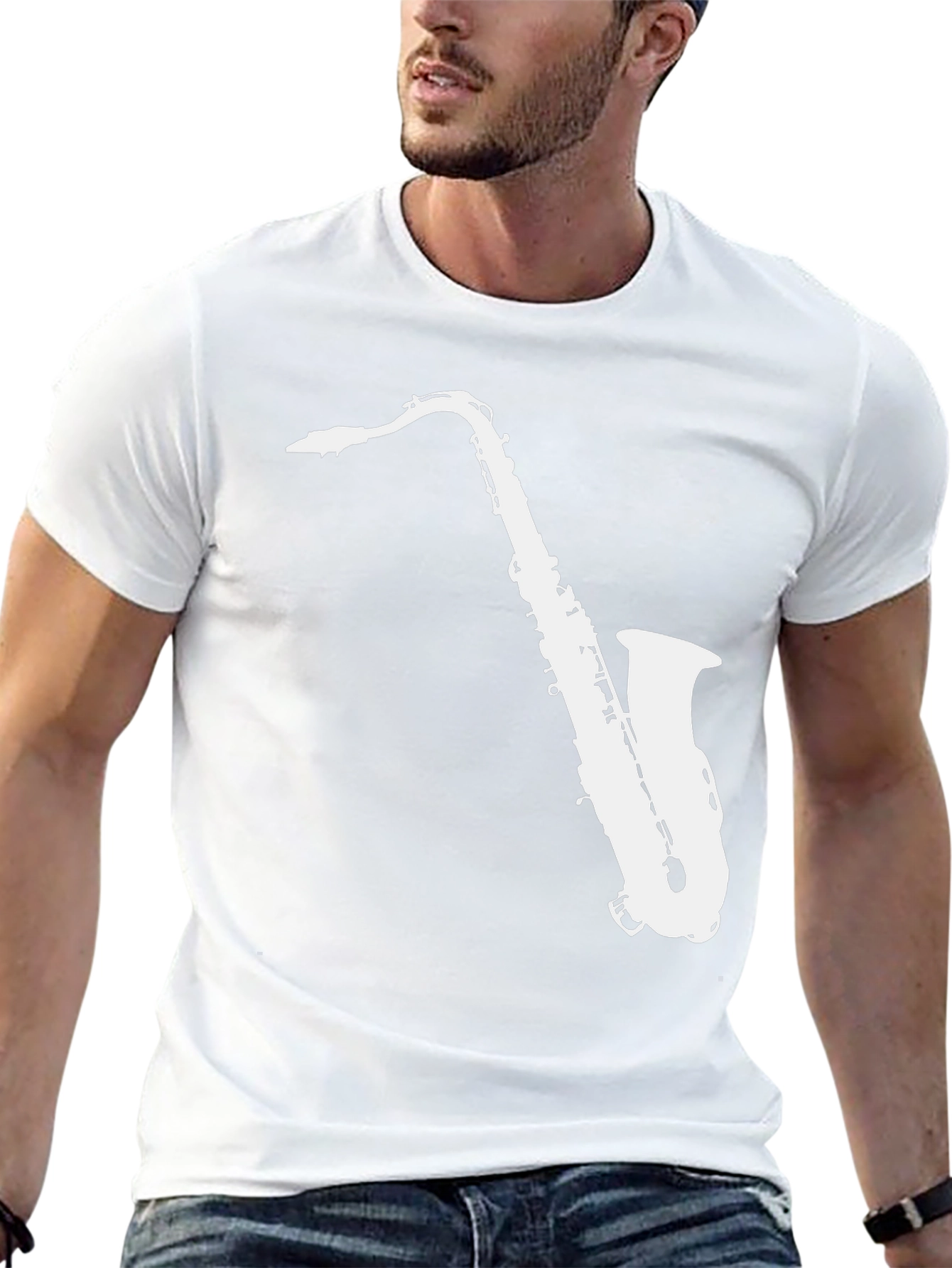 Camiseta Negra con Diseño de Saxofón Blanco