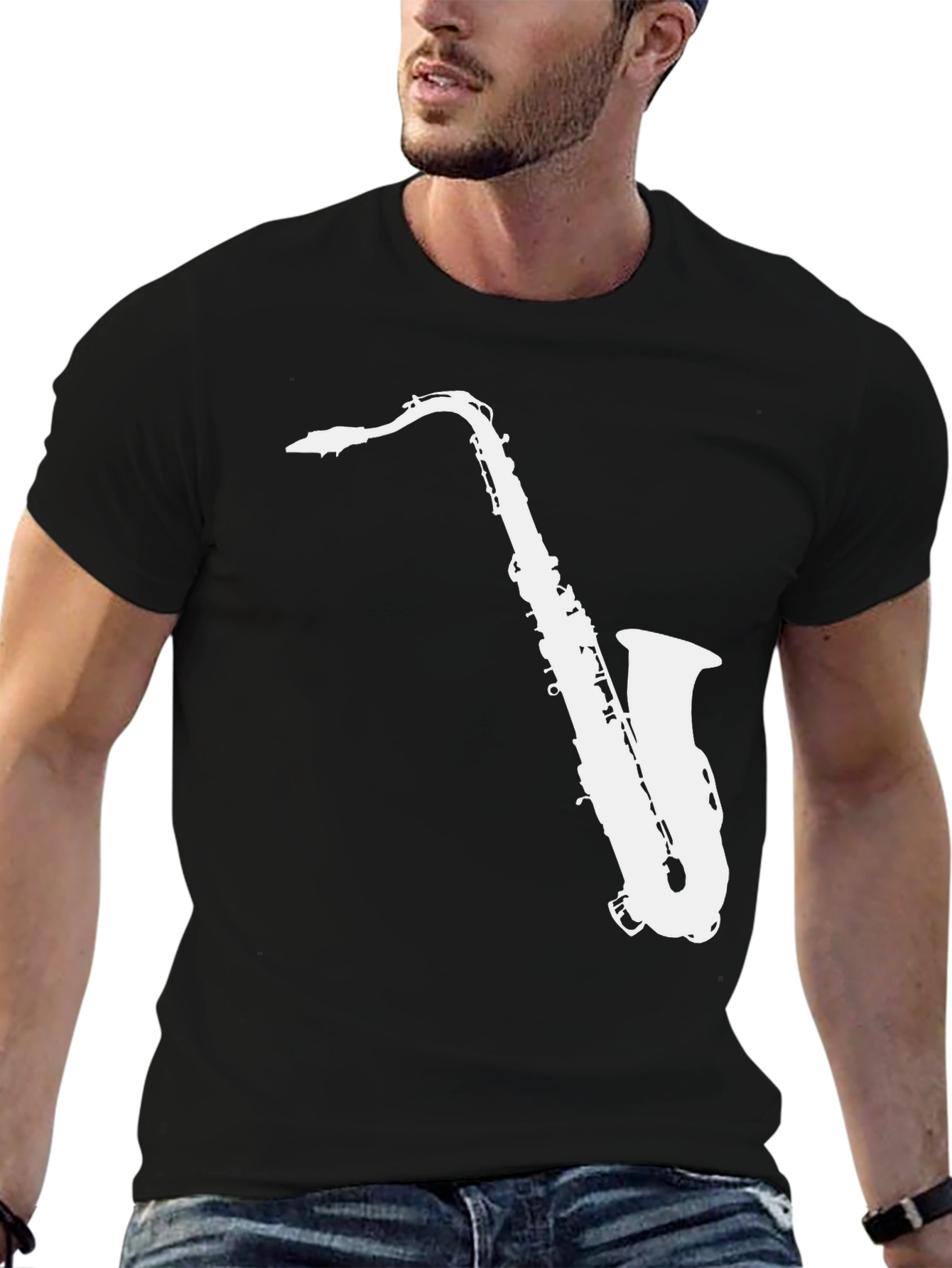 Camiseta Negra con Diseño de Saxofón Blanco