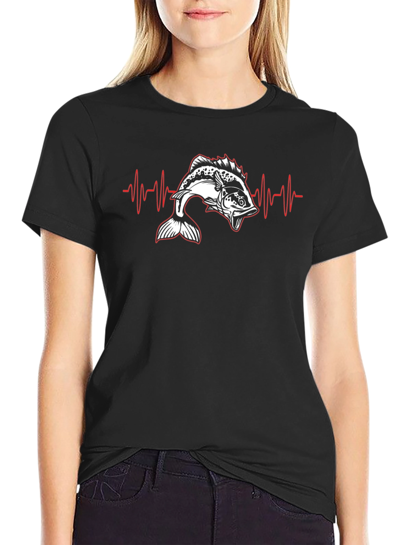 Camiseta Negra con Diseño de Latido de Pesca