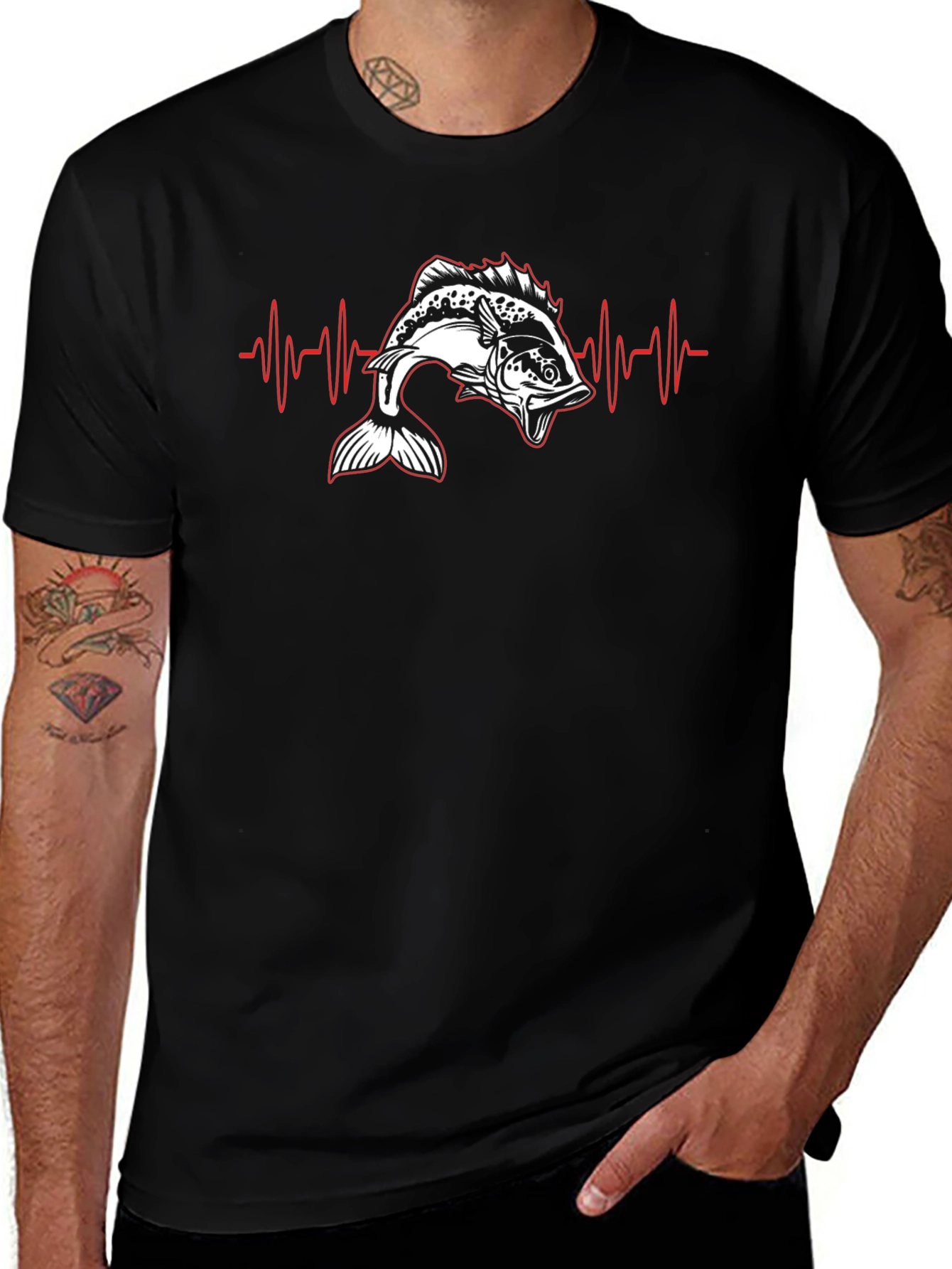 Camiseta Negra con Diseño de Latido de Pesca