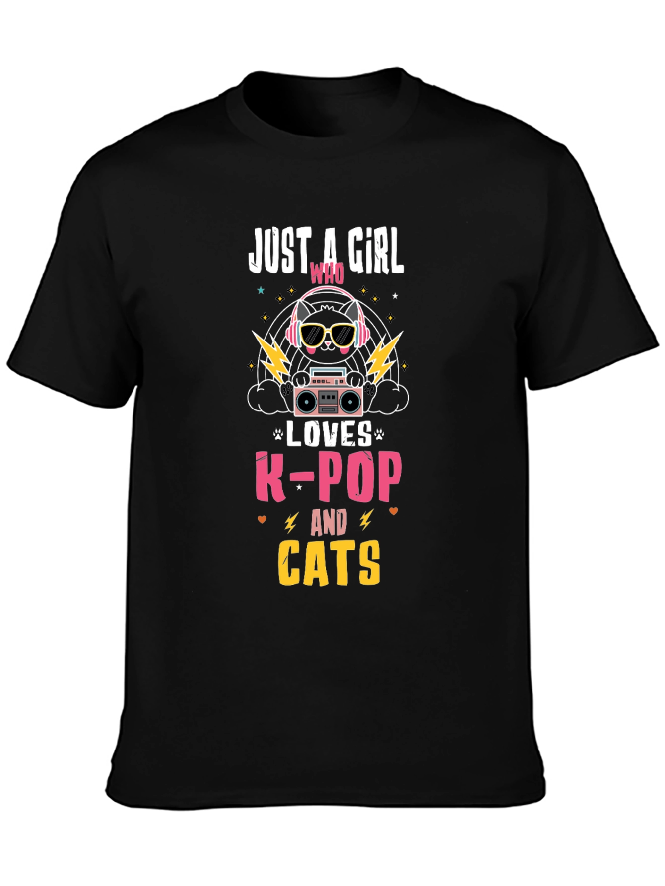 Camiseta Negra con Diseño de Gato K-Pop