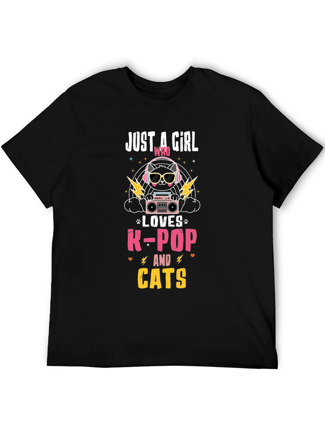 Camiseta Negra con Diseño de Gato K-Pop