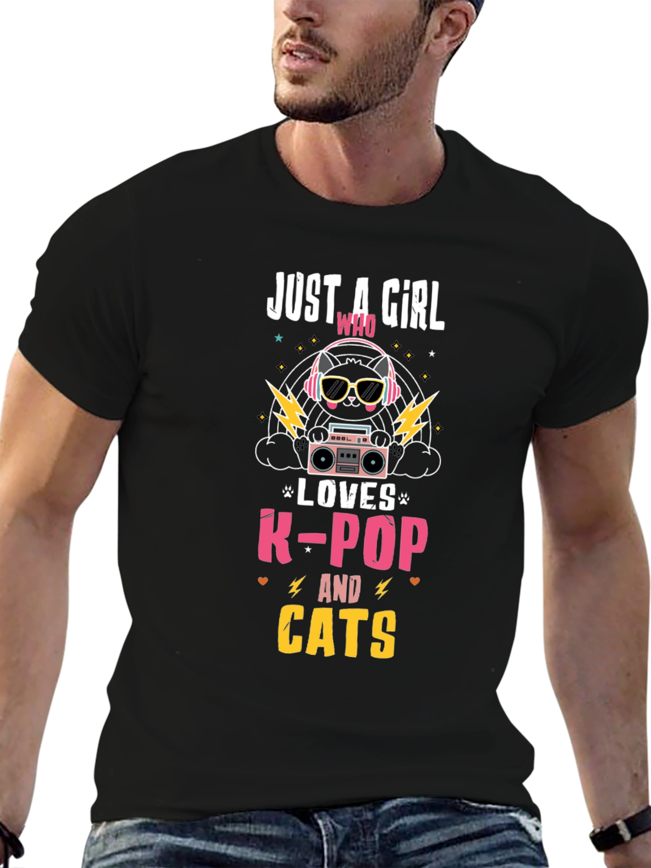 Camiseta Negra con Diseño de Gato K-Pop